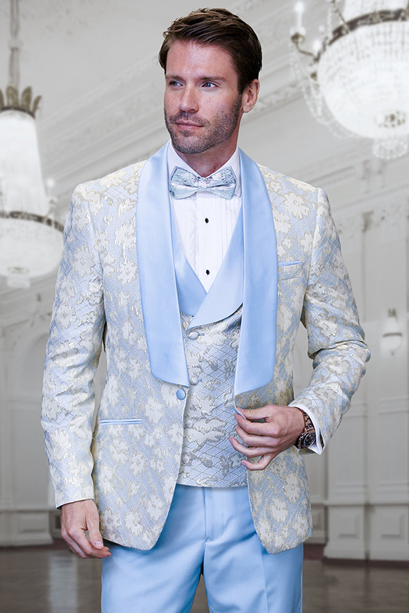 Men’s Designer Vested Wedding & Prom Tuxedo in Sky Blue & Gold Floral Paisley