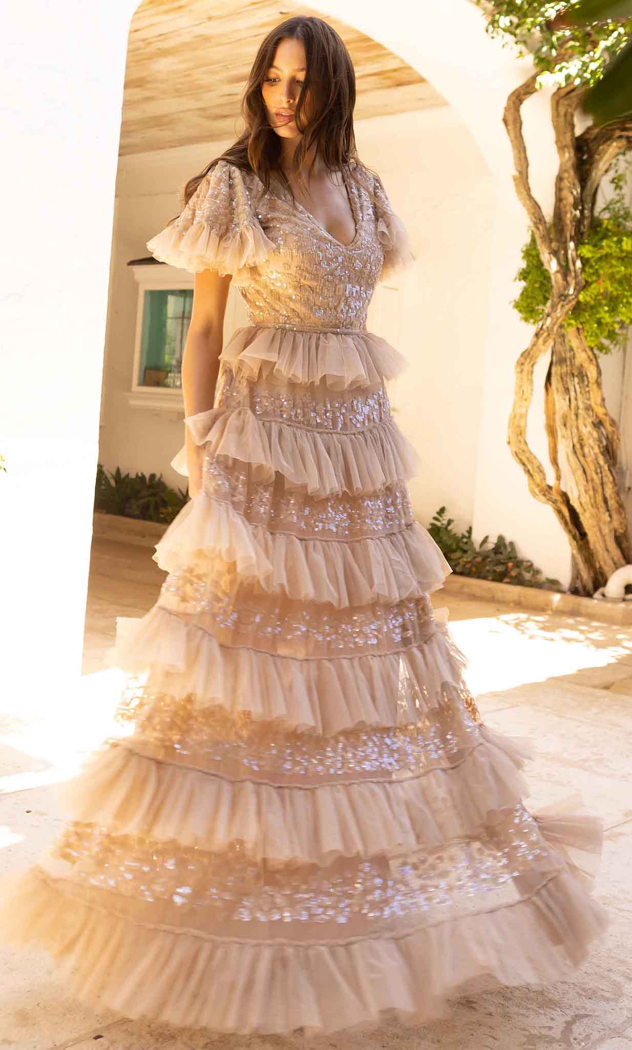 Tiered Tulle Sequined Long Gown