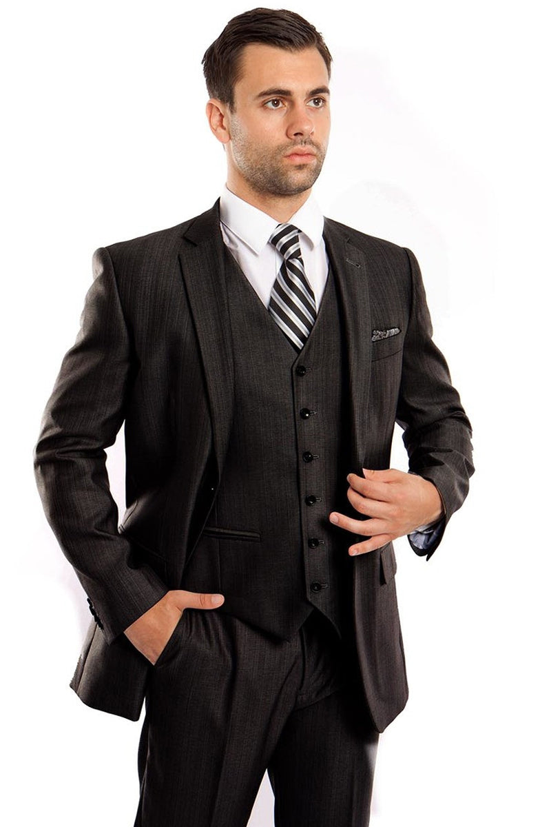 Men’s Two Button Vested Textured Sharkskin Business Suit in Black