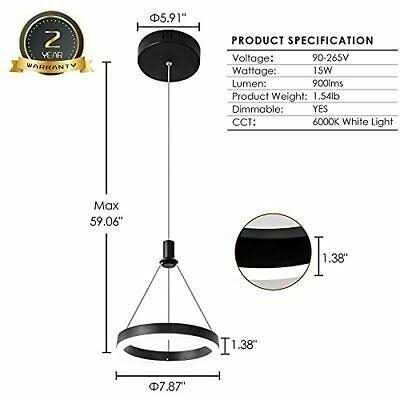 Viruhaka Dimmable LED Pendant Light Kitchen Island 15W Modern Dining Room Black Chandelier 1-Ring Pendant Lighting Bedroom Bedside 59in Cord