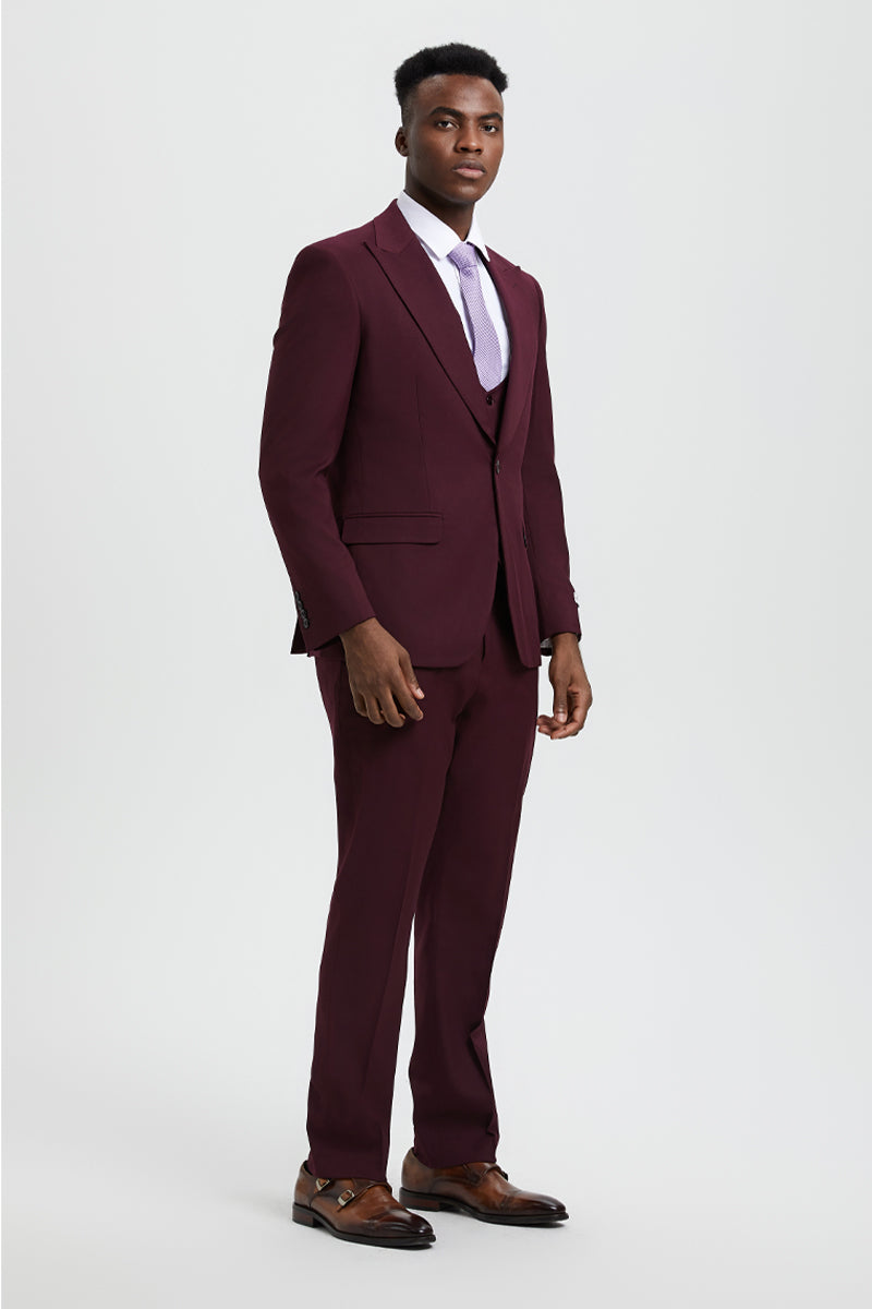 Men’s Vested One Button Peak Lapel Stacy Adams Designer Suit in Burgundy