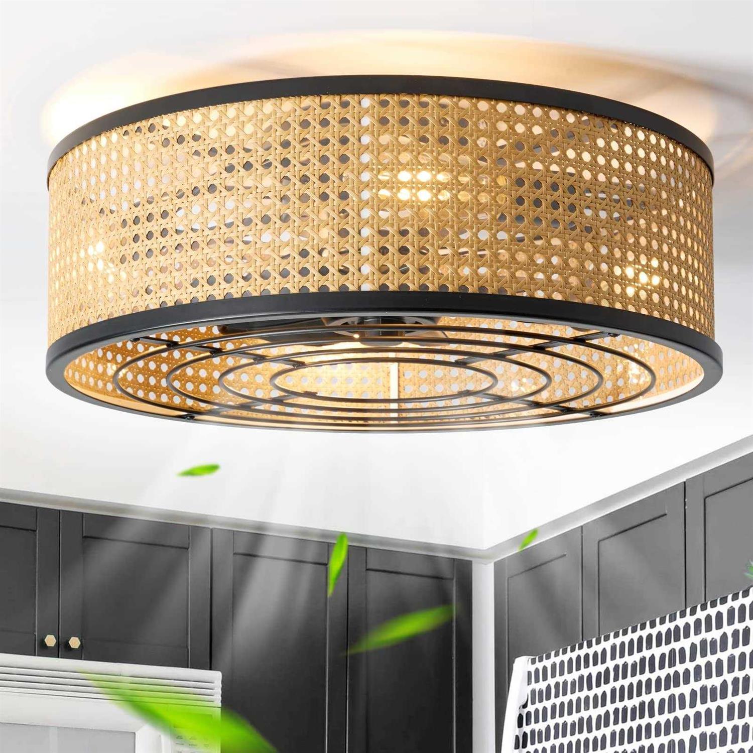 zheshirui Rattan Boho Ceiling Fan with Light Flush Mount, 20 Inch Caged Ceiling Fans with Light and Remote Control