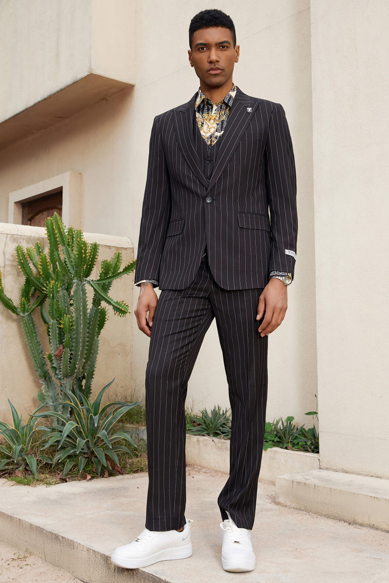Men’s Stacy Adam’s One Button Vested Modern Suit in Black Pinstripe