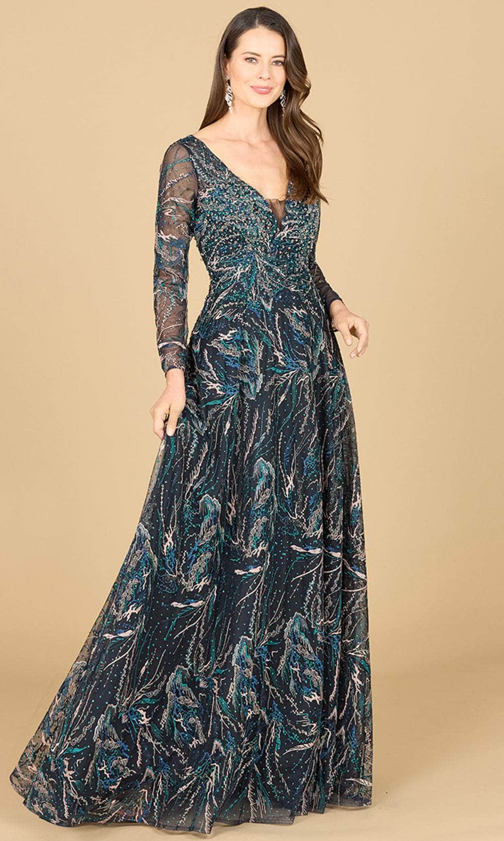 Sheer Long Sleeve Embroidered Ballgown