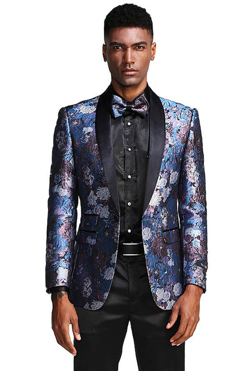Men’s Slim Fit Shawl Lapel Paisley Floral Prom Tuxedo in Blue Roses & Silver