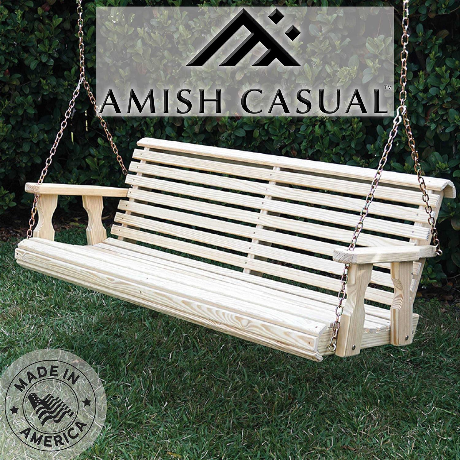 Amish Casual Heavy Duty 800 Lb Roll Back Treated Porch Swing with Hanging Cupholders