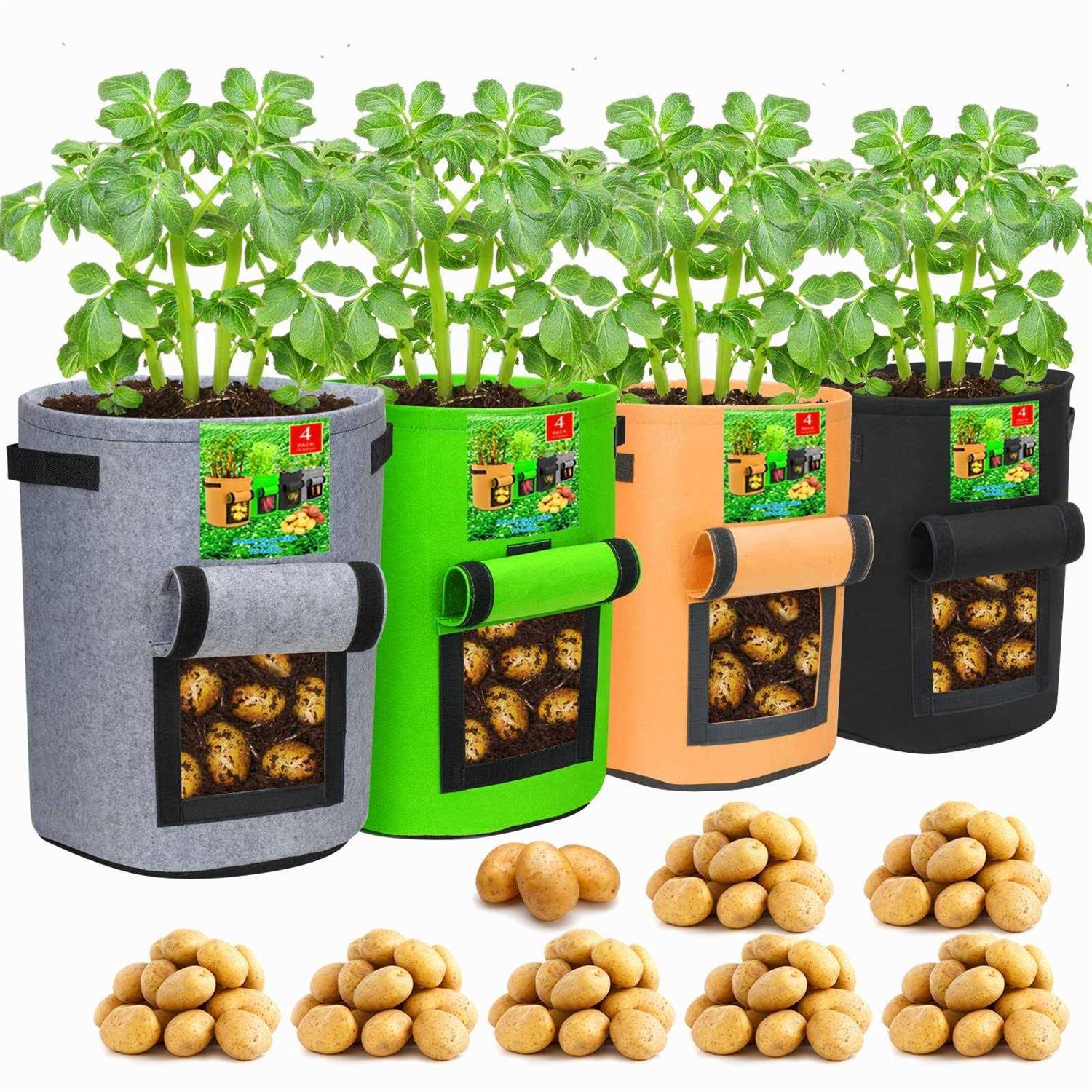 4 Pack 10 Gallon Potato Growing Bags with Flap Potato Grow Bags Garden Plants Growing Bag with Durable Handle Thickened Nonwoven Potato Growing