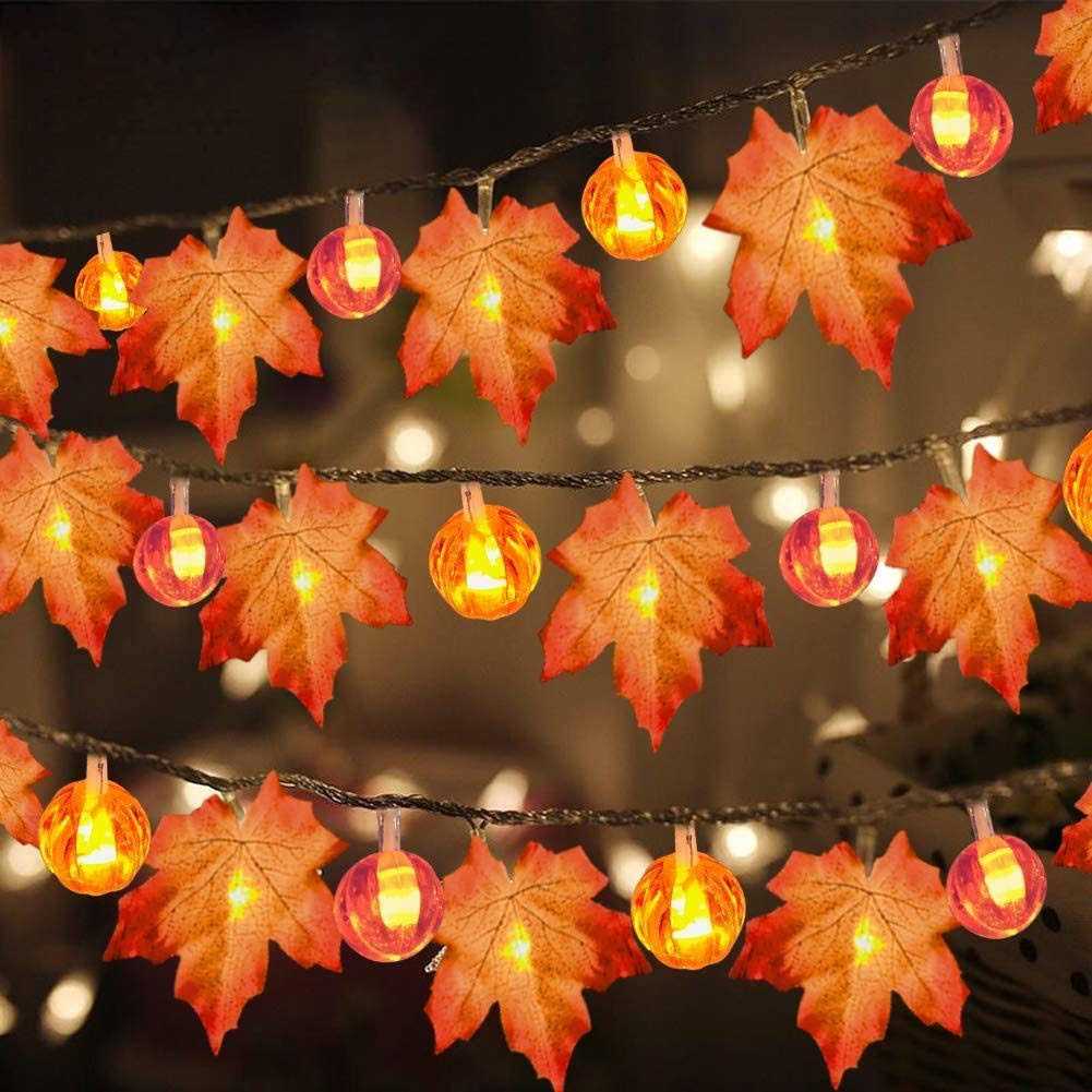 toplee 3 Pack Thanksgiving Garland With Pumpkin Lights & Enlarged Maple Fall String Lights Thanksgiving Halloween Pumpkins Lights