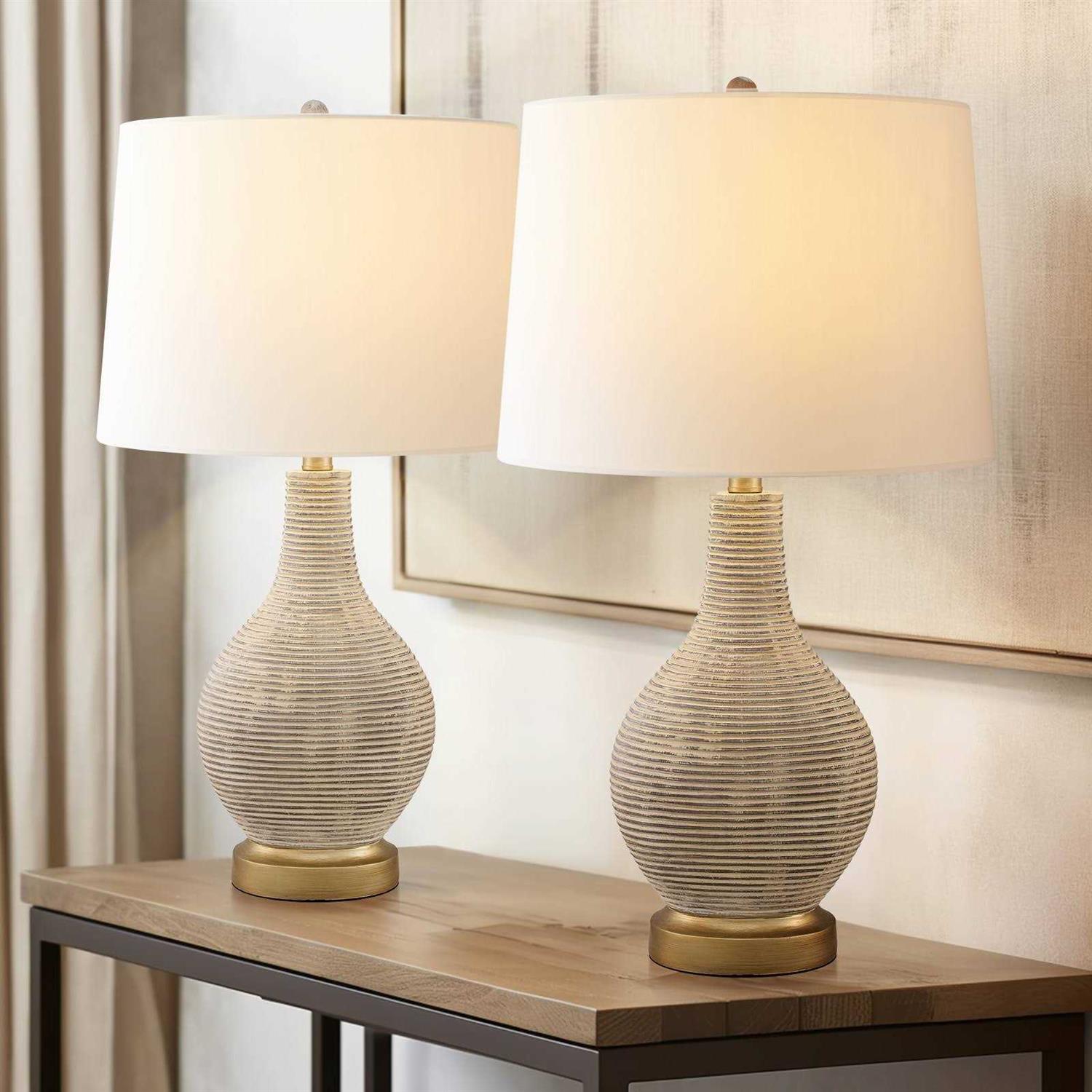 True Fine Richland 24.5 in. Beige/Gold Indoor Table Lamp Set with White Linen Shade 20030T-2PK