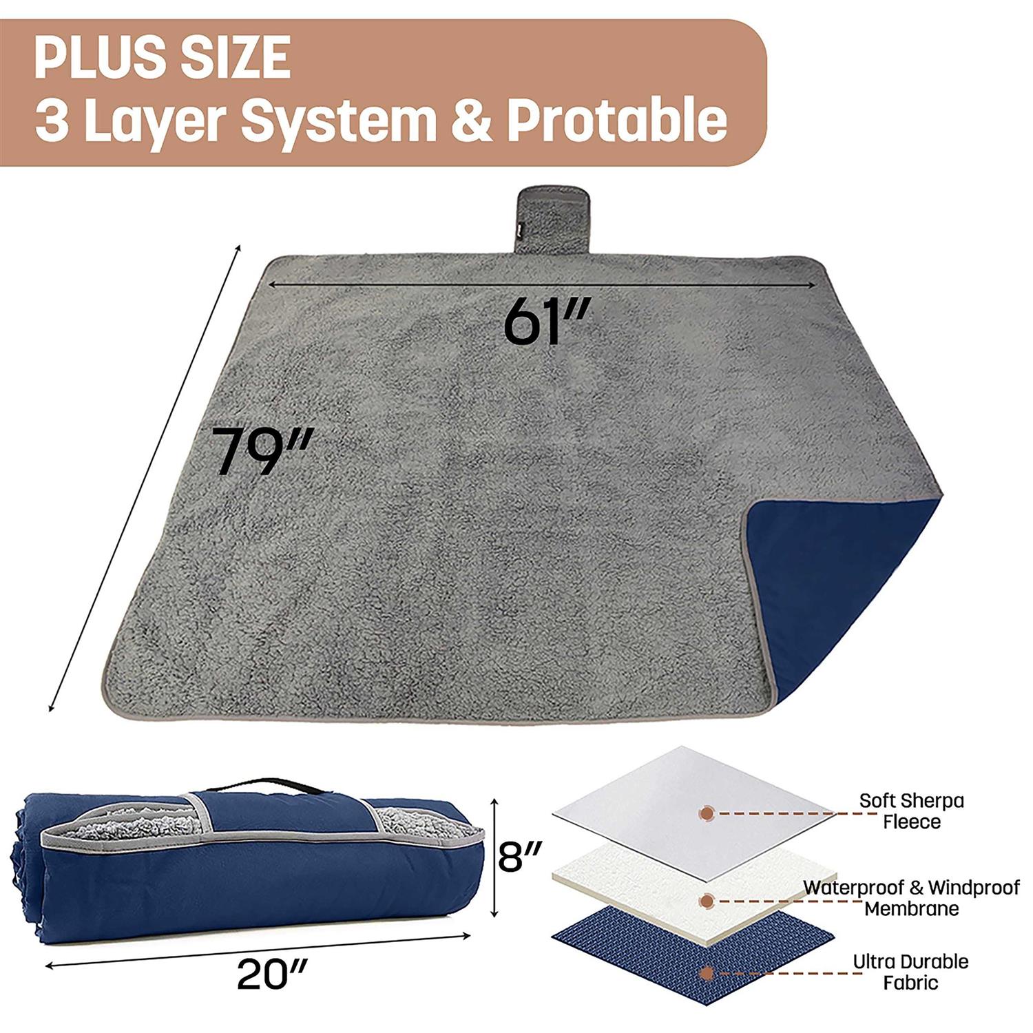 Tirrinia Waterproof Outdoor Blanket with Sherpa Lining Windproof Triple Layers Warm Comfy Foldable for Camping Stadium