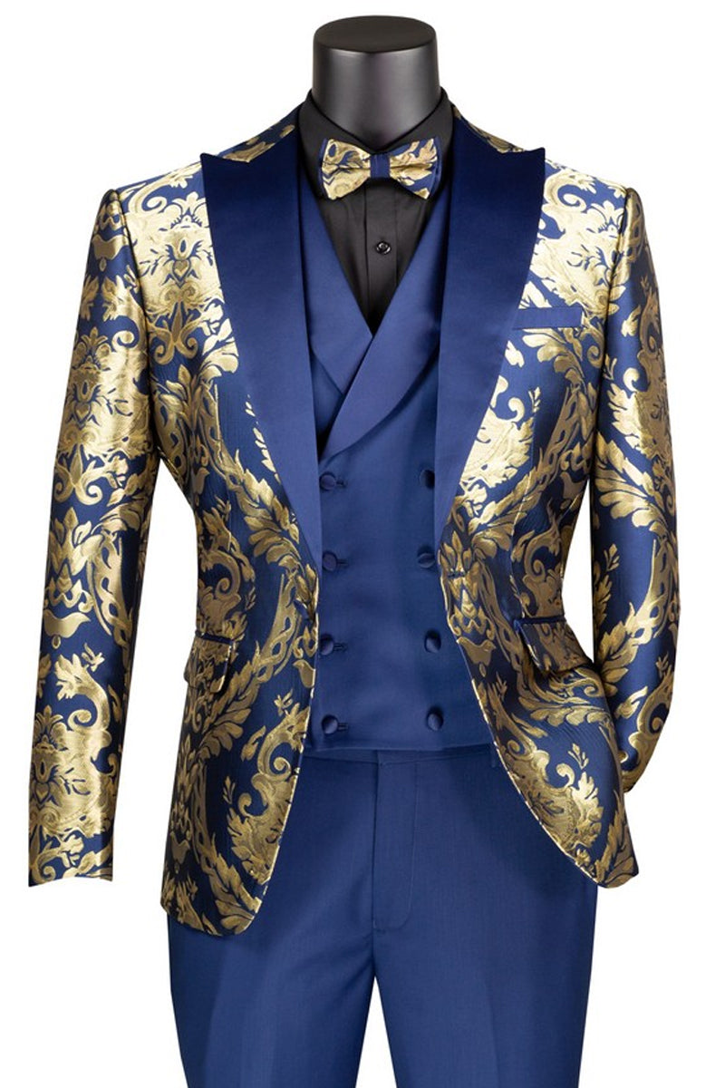 Men’s Shiny Paisley Jacquard Vested Wedding & Prom Tuxedo in Navy Blue & Gold