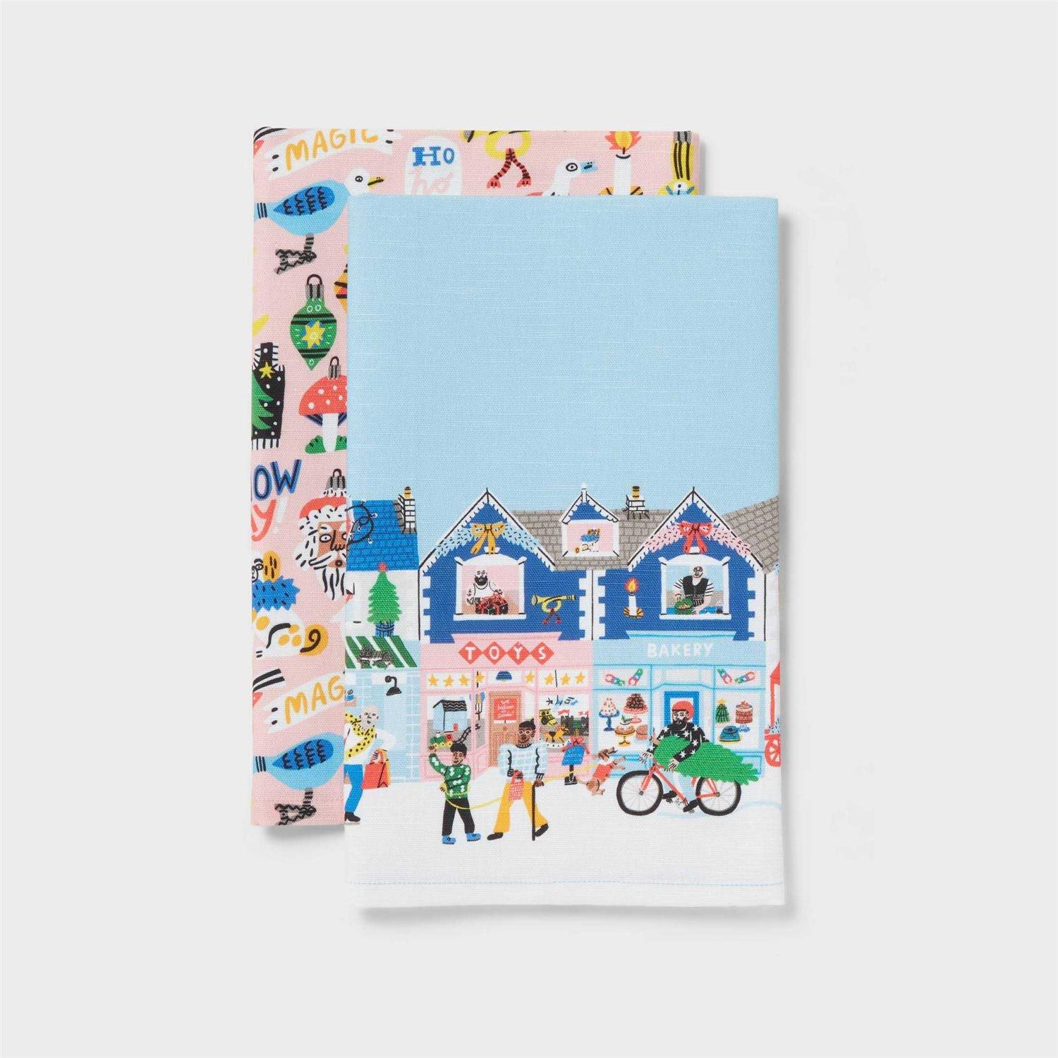 Wondershop 2pc Lucy Kirk Design Slub Christmas Kitchen Towel Pink/Blue