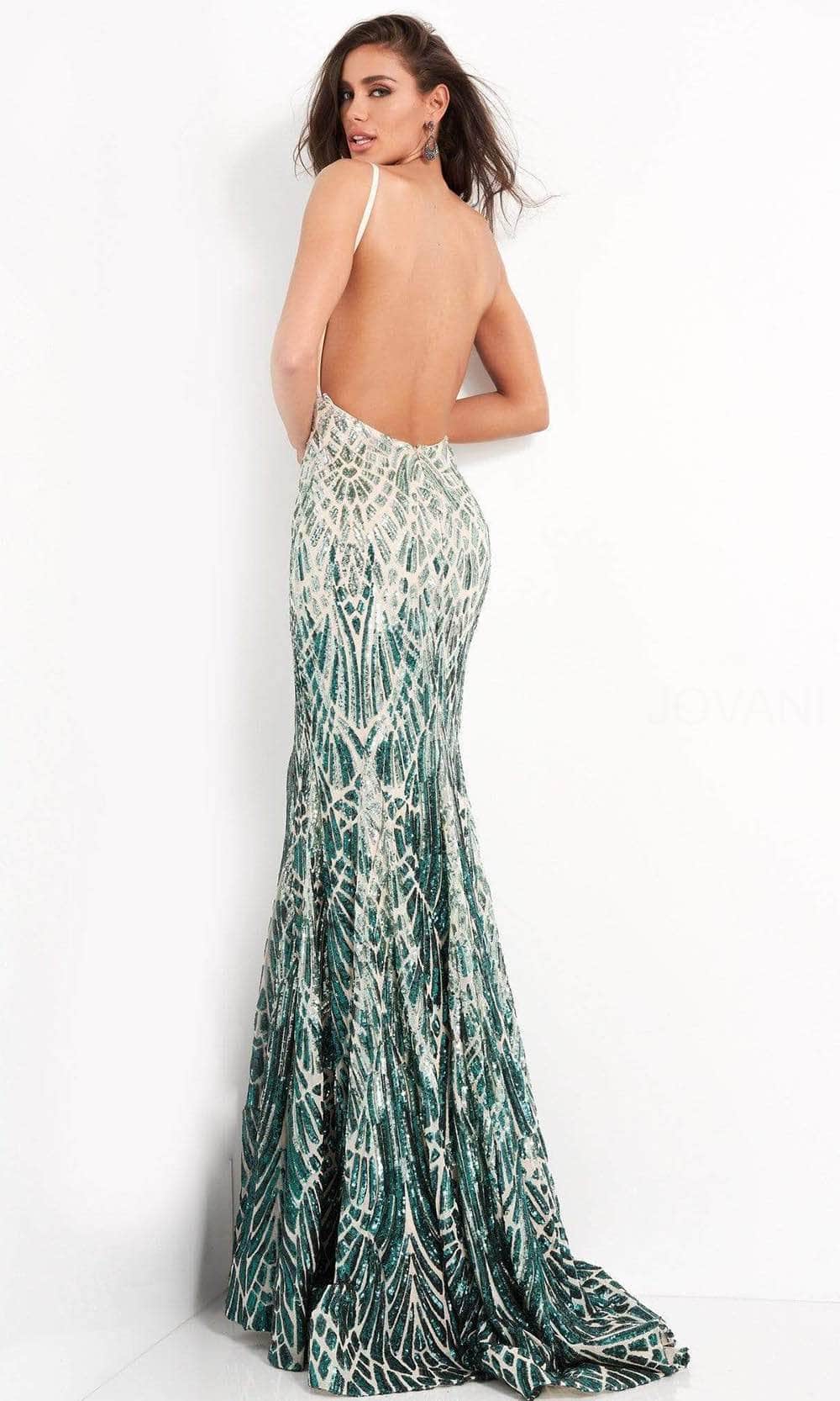 06450 Two Tone Sequined V Neck Trumpet Dress