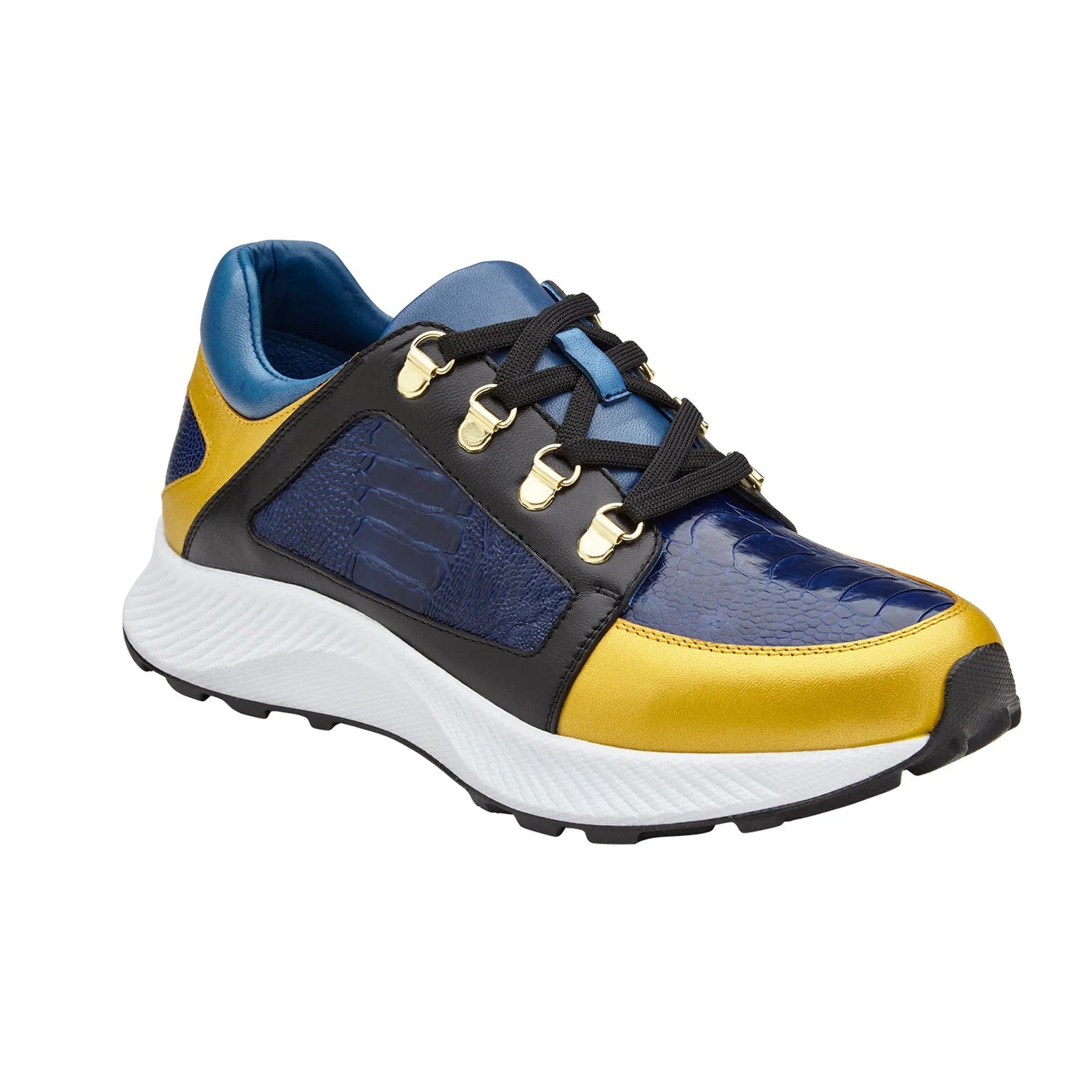 Men’s Belvedere Adam Ostrich & Italian Calfskin Sneaker in Gold, Blue & Black