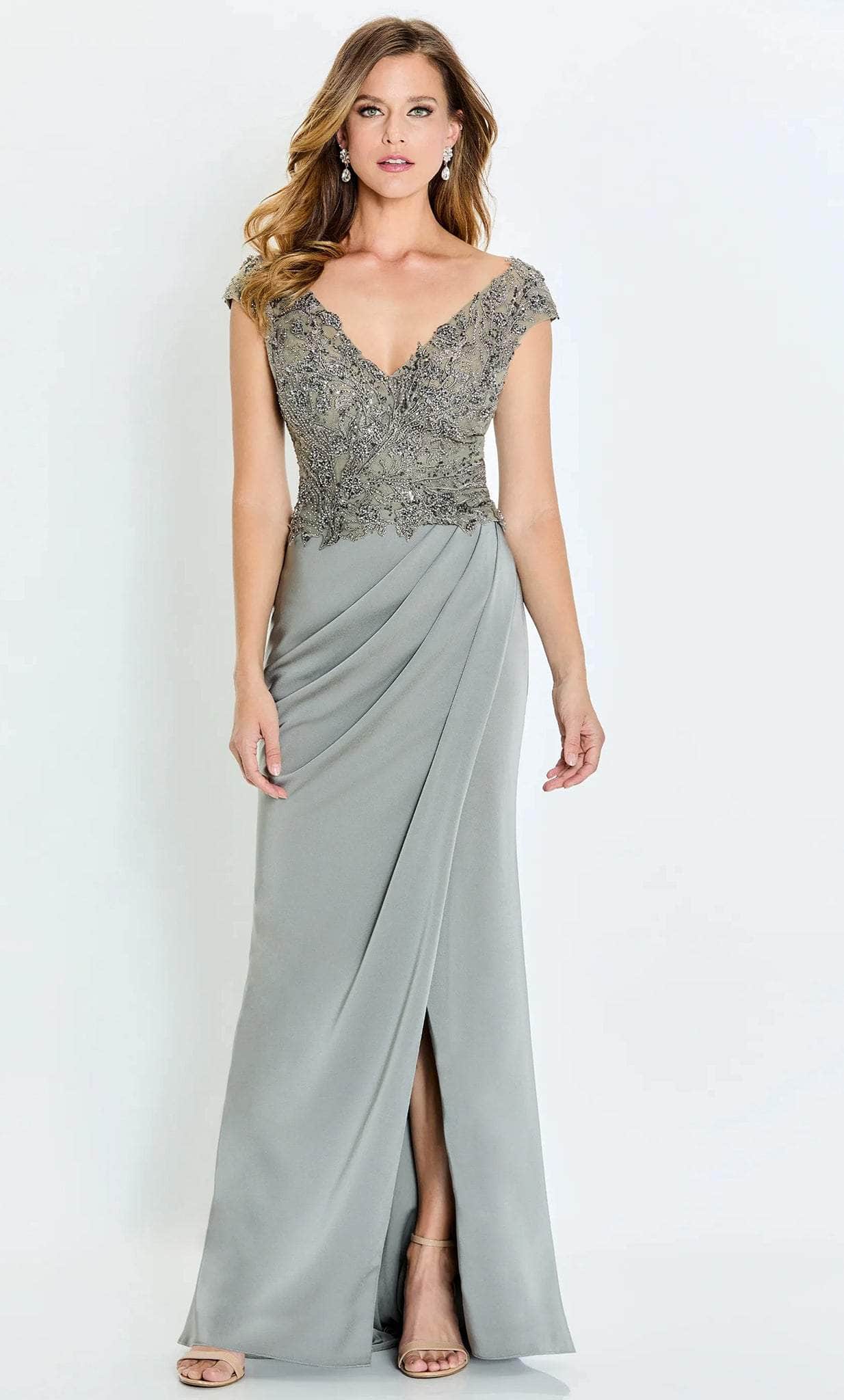 Cap Sleeve Evening Gown with Slit