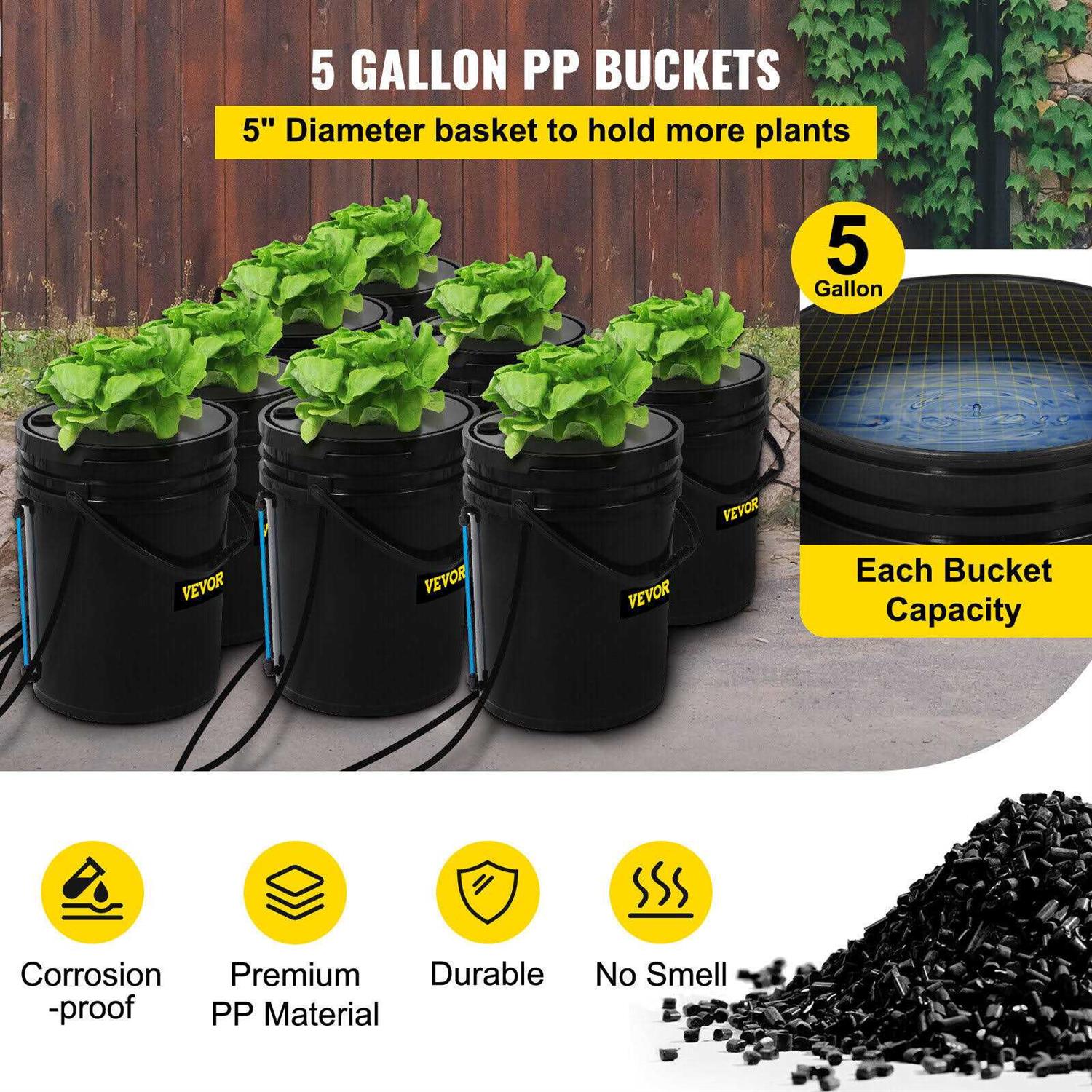 VEVOR DWC Hydroponic System 5 Gallon 4-8 Buckets Deep Water Culture Growing Bucket Hydroponics Grow Kit
