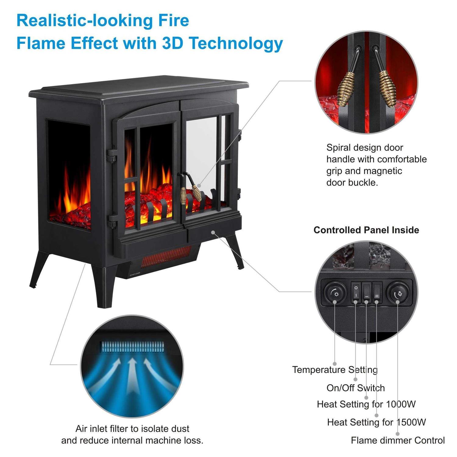 Joy Pebble Compact Electric Fireplace Heater Freestanding Stove Heater with Realistic Flame