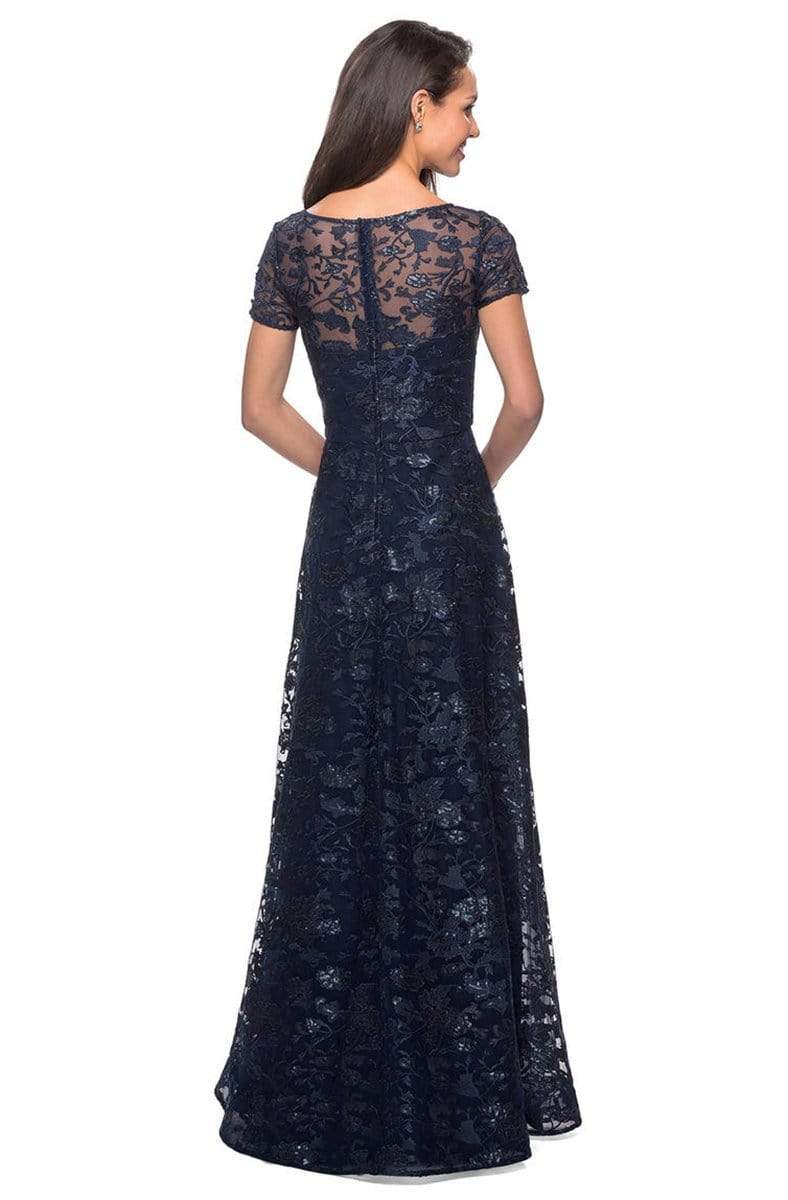 27839 Floral Adorned Illusion Bateau Long Gown