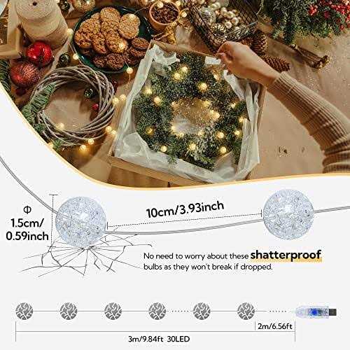 BEEWIN Globe String Lights for Bedroom,Crystal Crackle Ball Lights 10FT 30 LED USB Fairy Lights