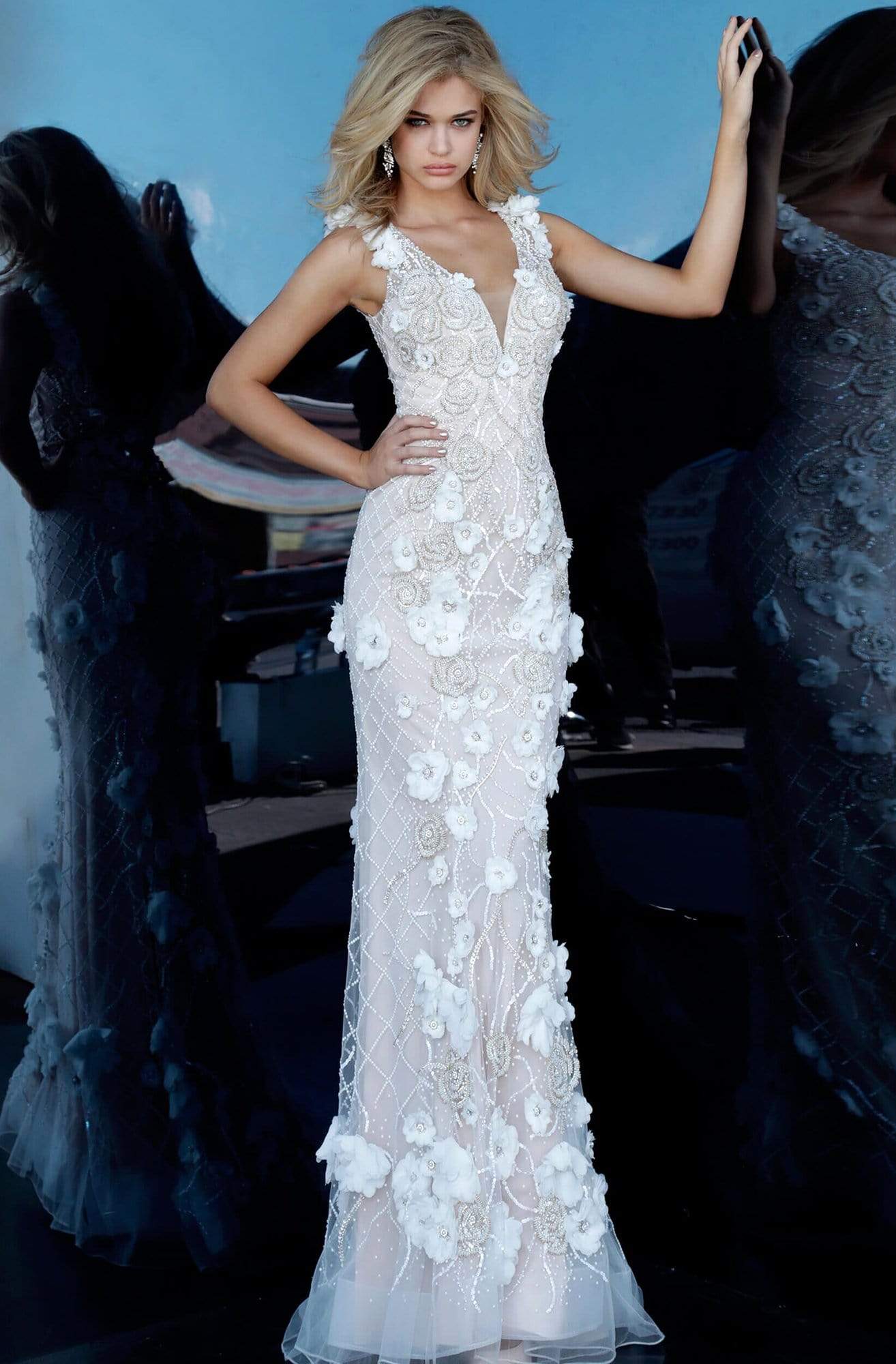 02773 Floral Appliqued Plunging V-Neck Dress