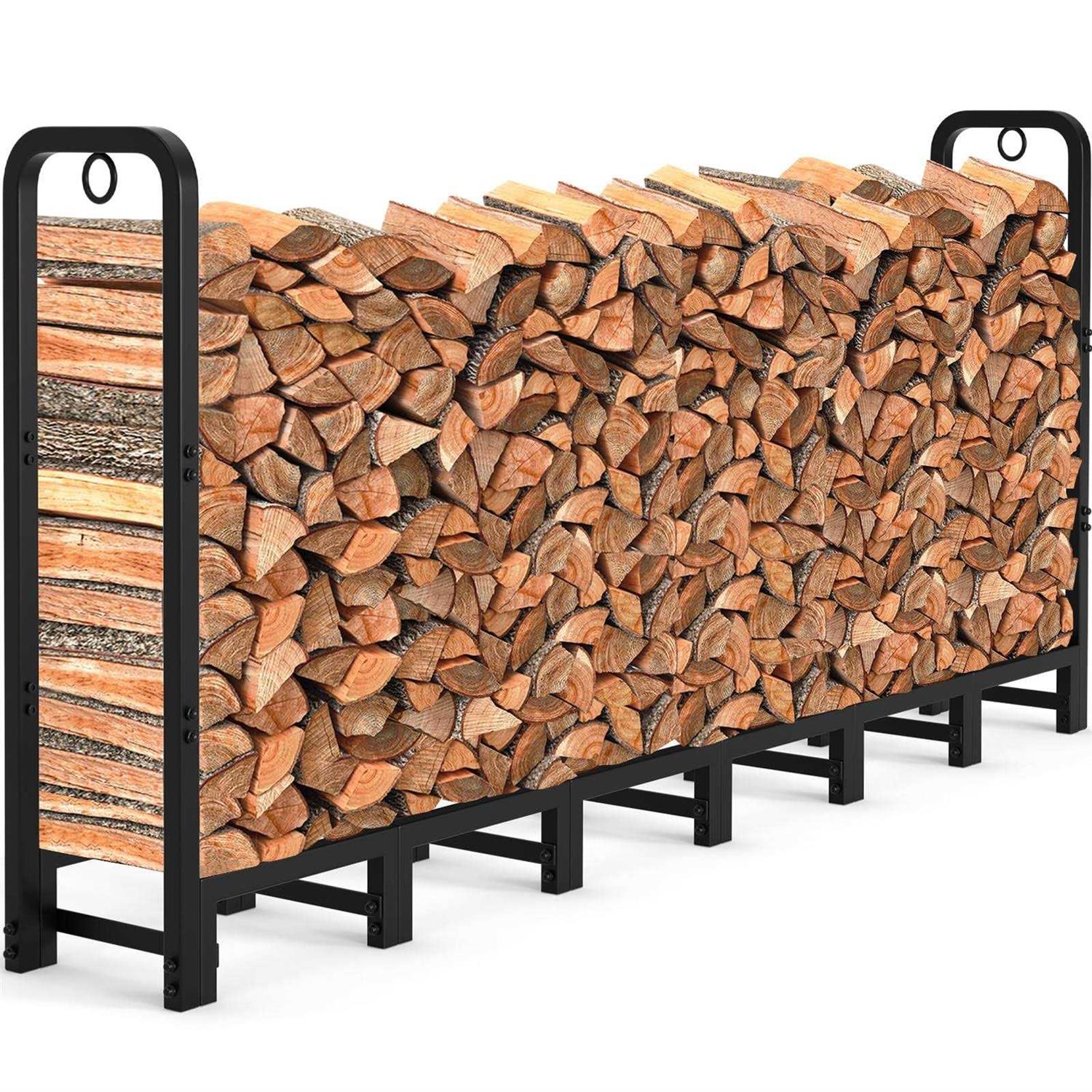 AMAGABELI GARDEN & HOME 8ft Outdoor Fire Rack Fireplace Heavy Duty Firewood Pile Storage Racks For Patio Deck Metal Log Holder Stand Tubular Steel