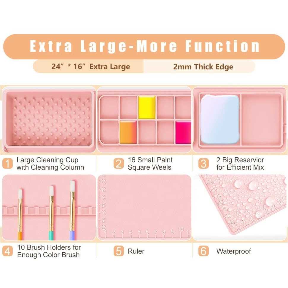 Extra Large 24 x 16 Silicone Craft Mat with Cup,Palette Squares&Cleaning Silicone Painting Mat for Crafts