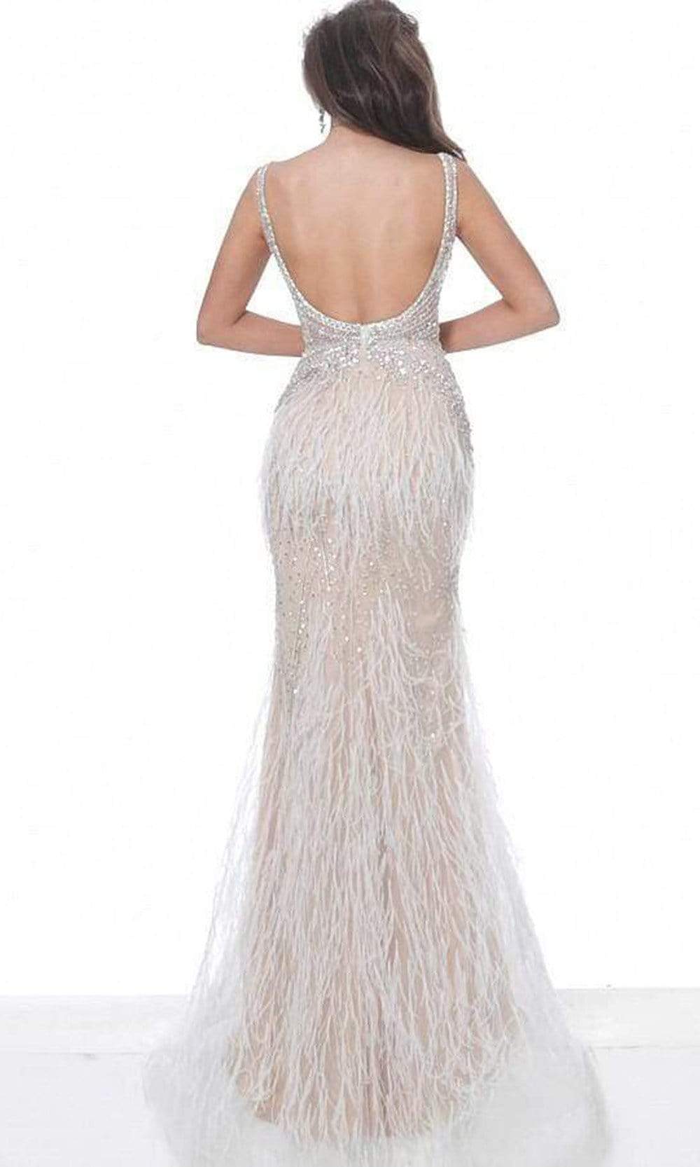 03023 Sheer Bodice Beaded Adorned Feather Fitted Evening Gown