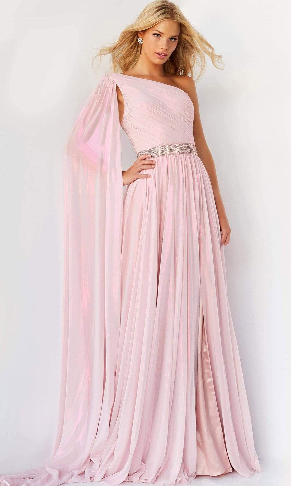07248 One Shoulder Draped Chiffon Gown