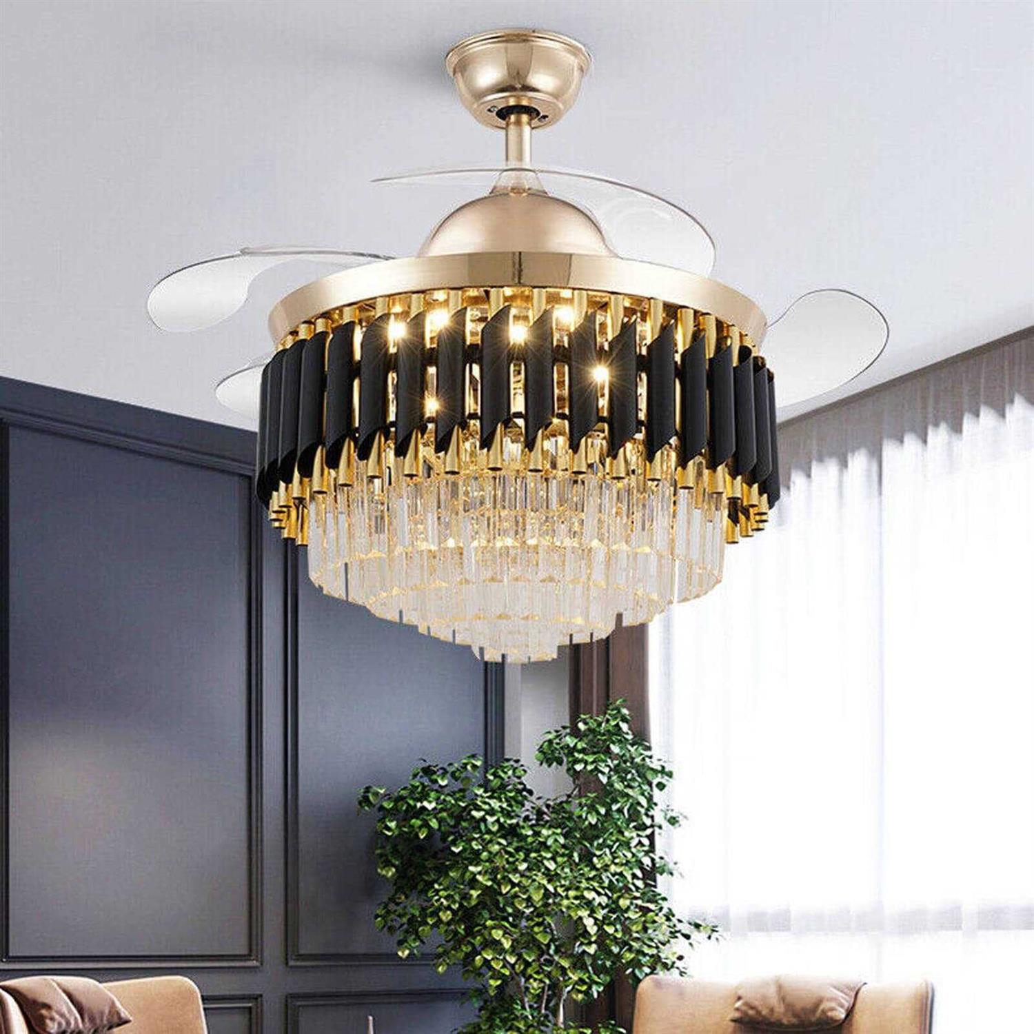 42 Inch 4-Blade Glam Crystal Polished Gold Retractable Ceiling Fan
