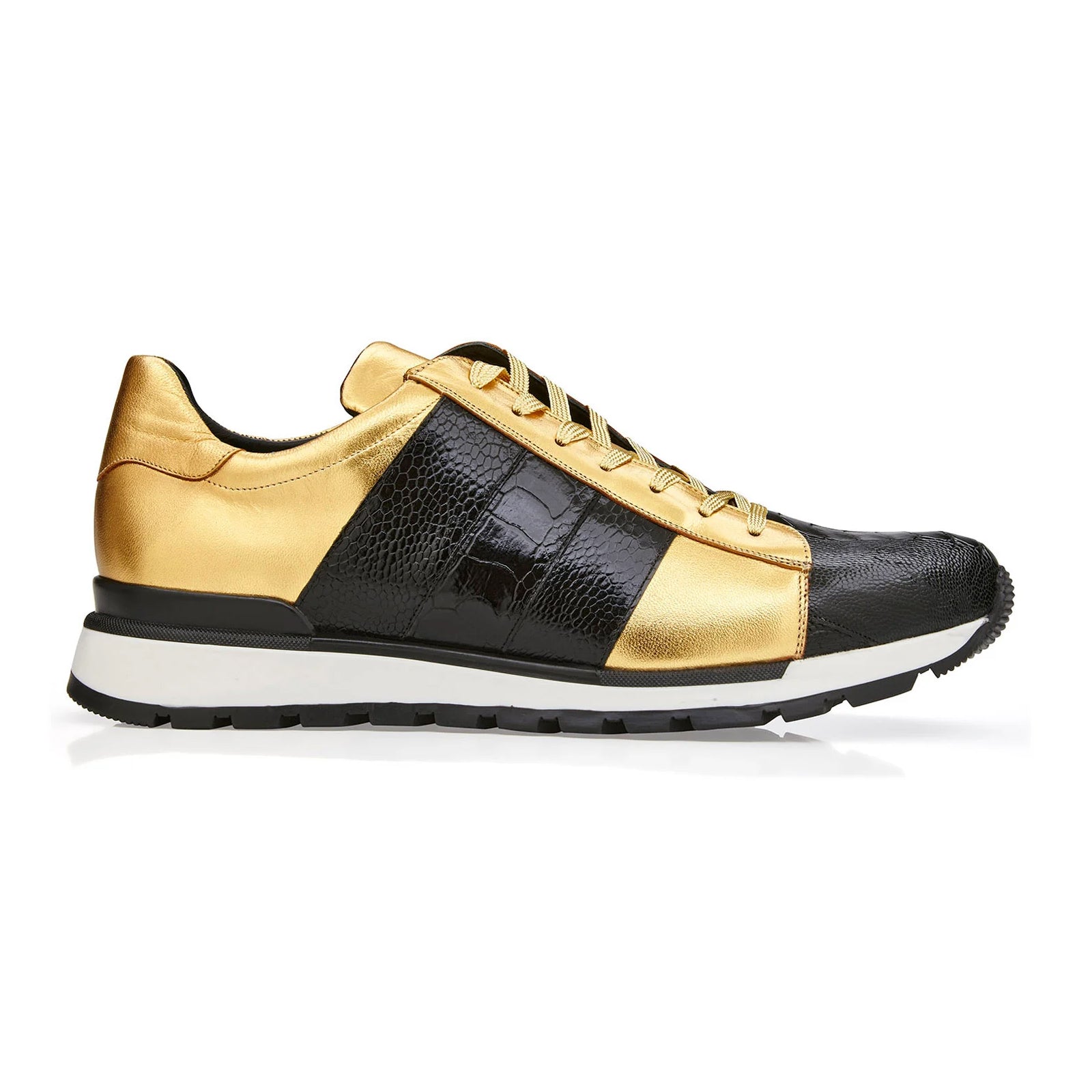 Men’s Belvedere Blake Ostrich Leg & Italian Calf Leather Dress Sneaker in Black & Gold