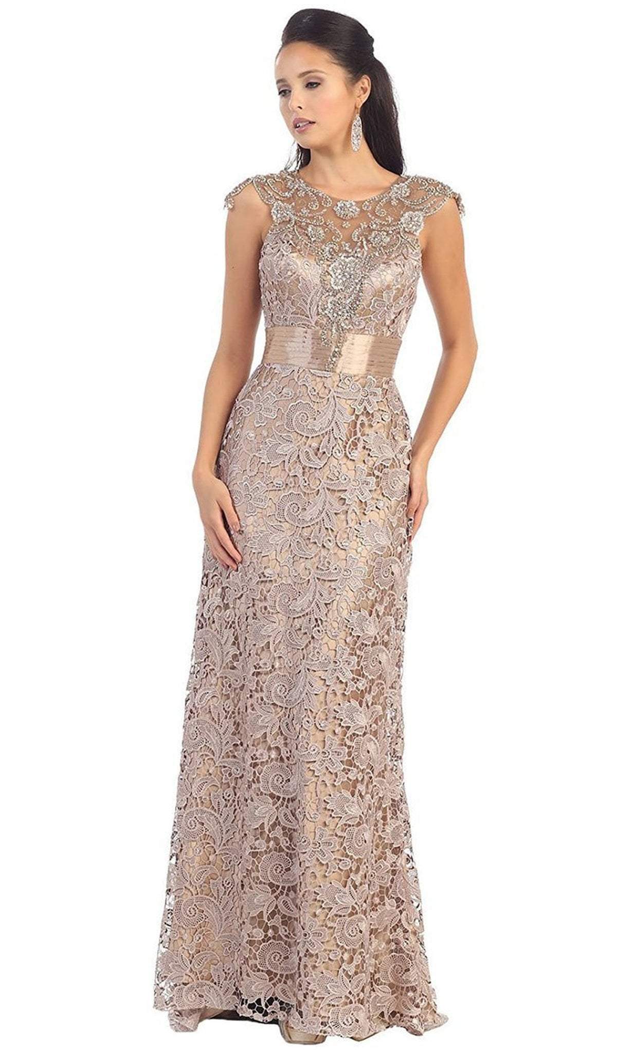 RQ7182 Rhinestone Lace Floral Evening Gown