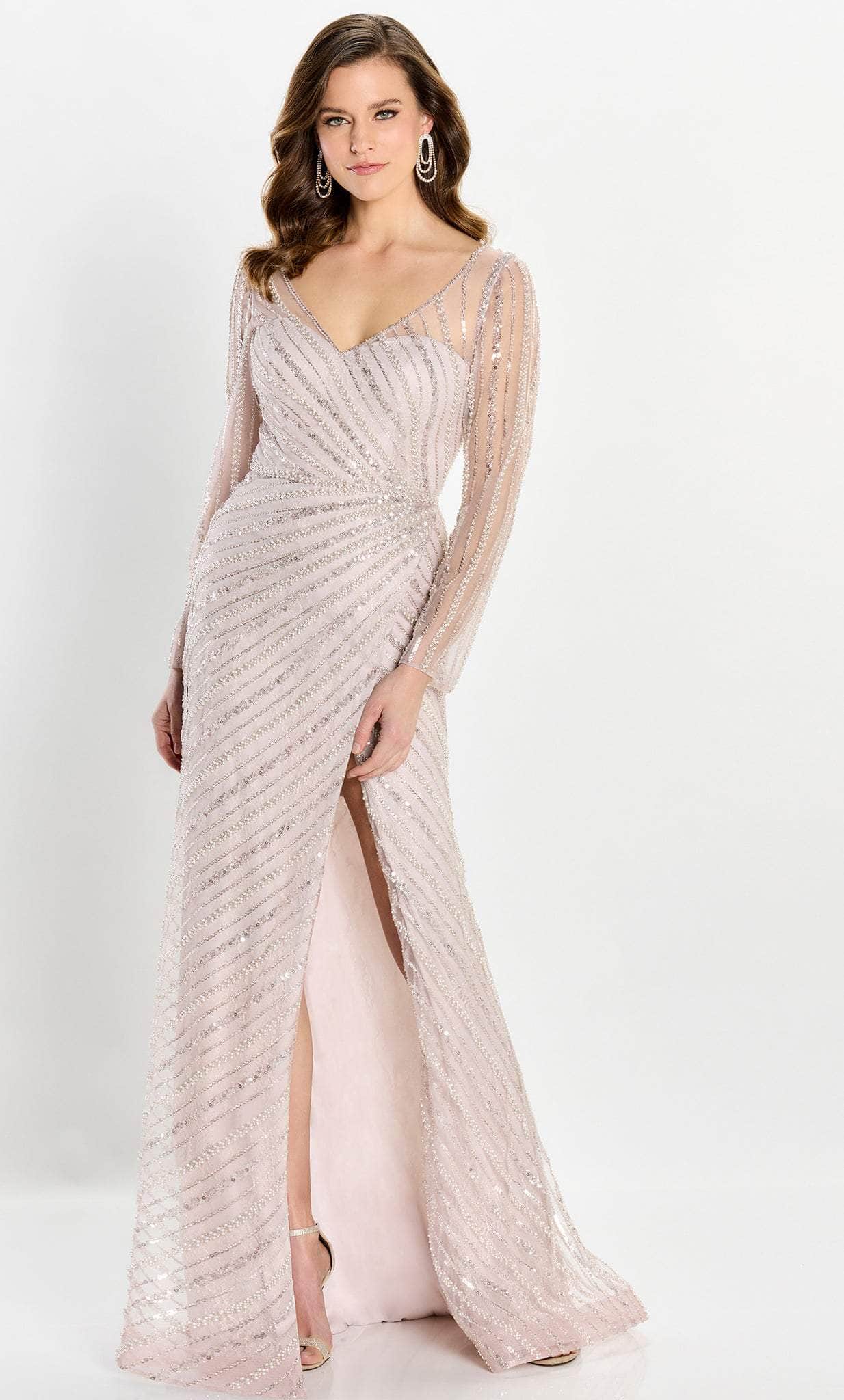 Pearl and Beaded Illusion Slit Gown