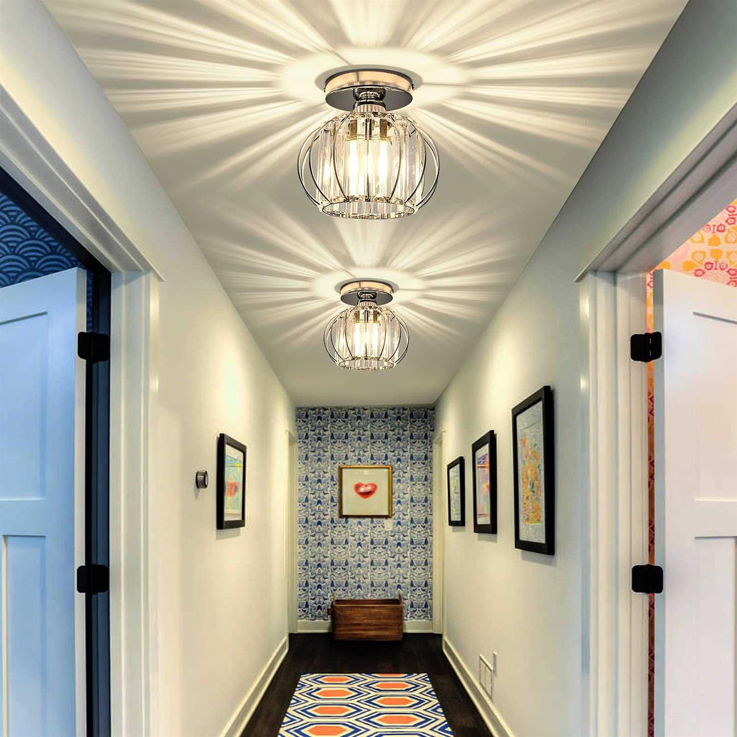 YYJLX Modern Semi Flush Mount ceiling Light Fixture E26 Mini crystal chandelier chrome Small ceiling Lamp for Entryway Bedroom B