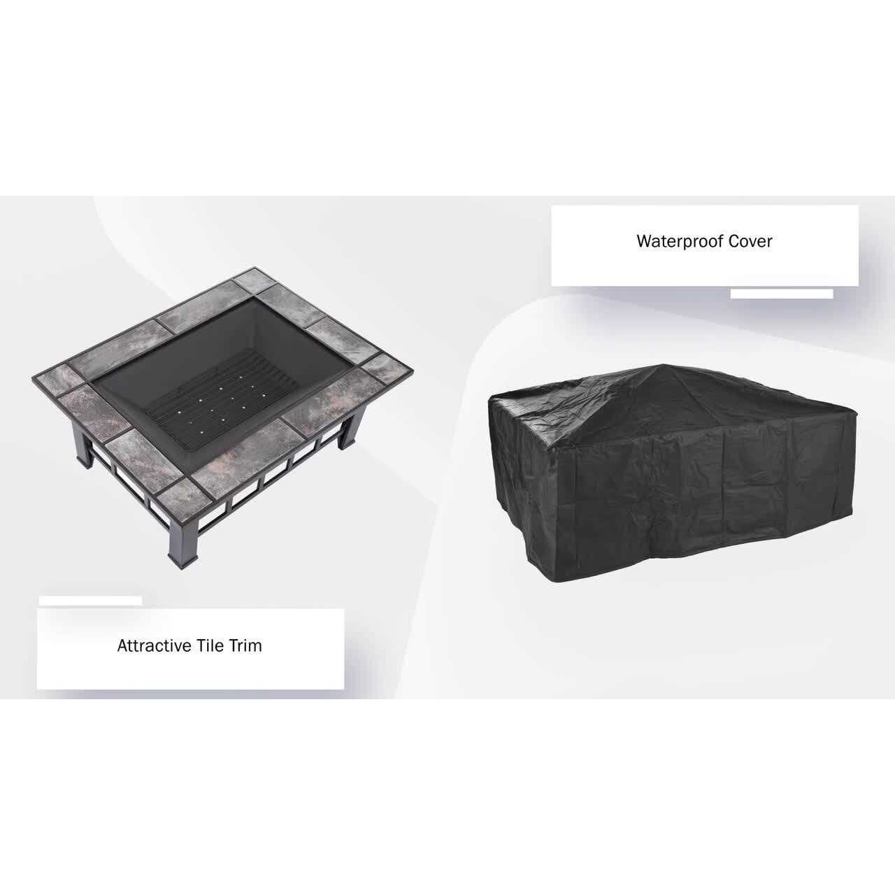 Pure Garden 37 in. Steel Rectangular Tile Fire Pit with Cover