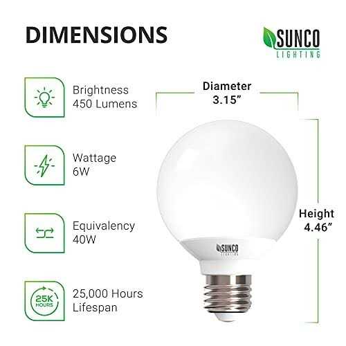 Sunco Lighting G25 LED Globe, 6w=40w, Dimmable, 450 LM