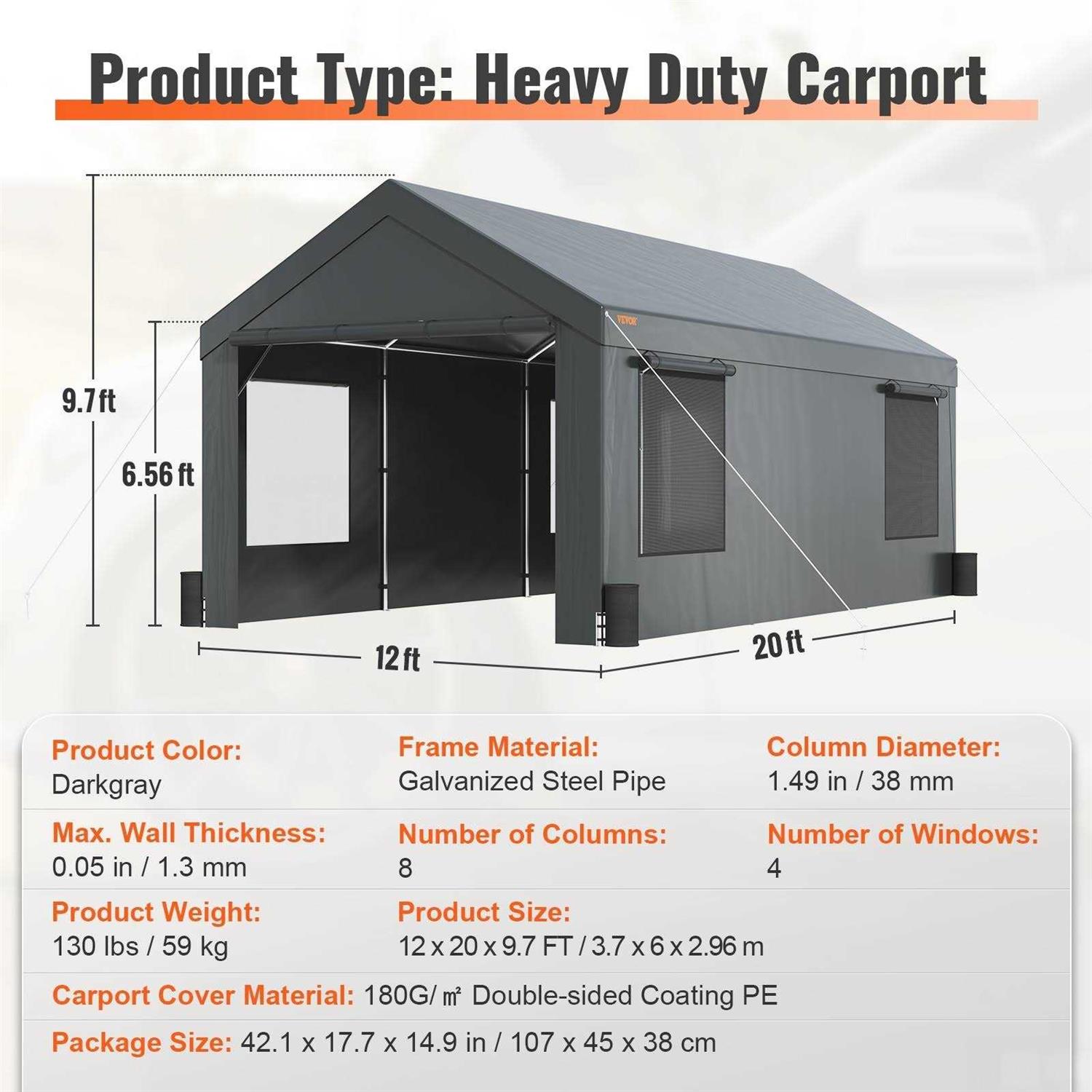 VEVOR Carport Heavy Duty Car Canopy Portable Garage with Roll-up Ventilated Windows