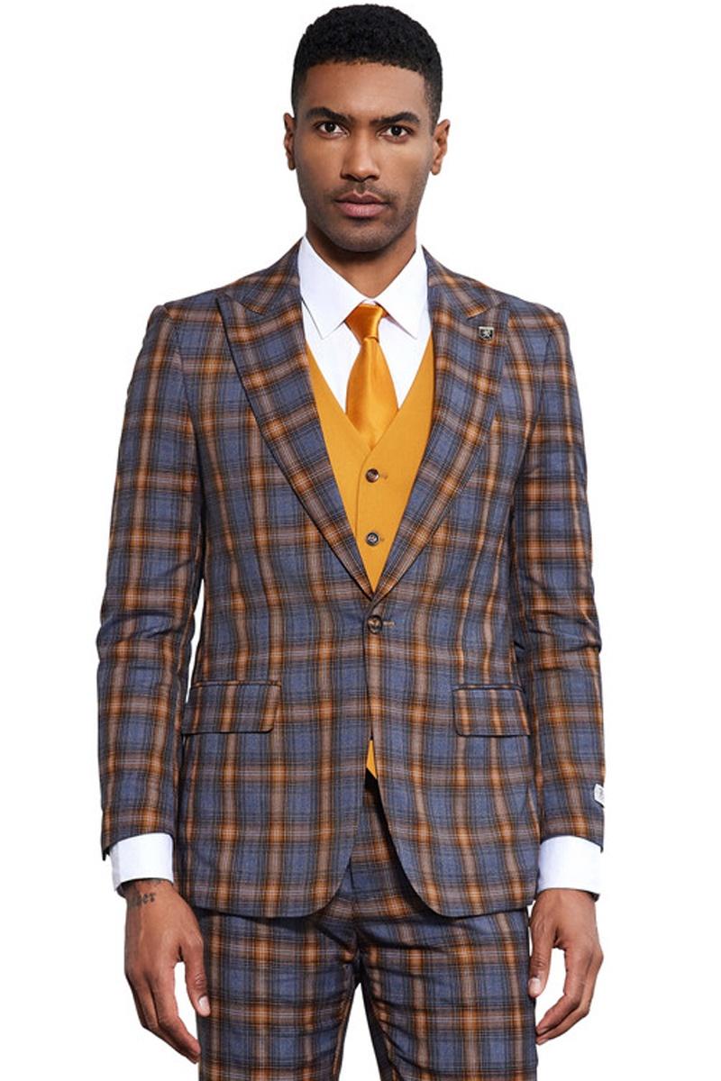 Men’s Stacy Adams Bold Windowpane Plaid Print Vested Suit in Grey & Gold