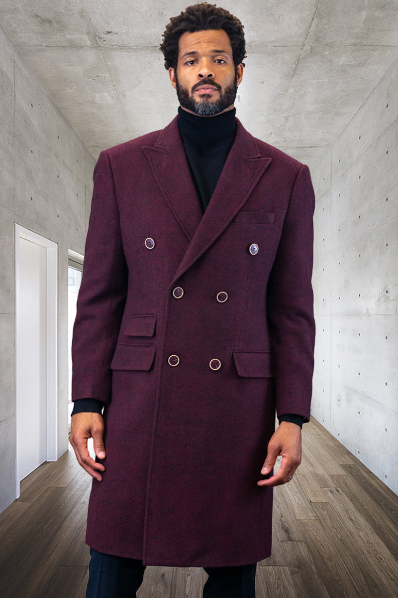 Men’s Designer 100% Double Breasted Winter Overcoat in Burgundy