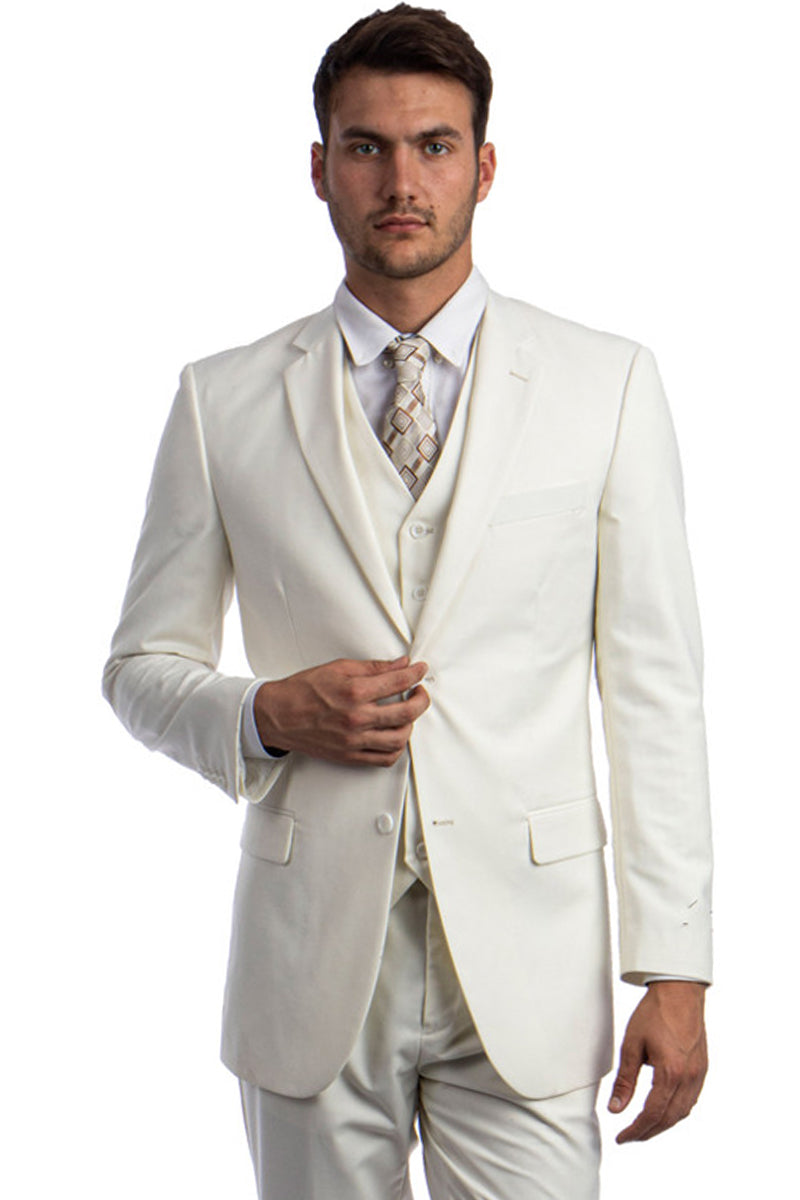 Men’s Vested Two Button Solid Color Wedding & Business Suit in Ivory