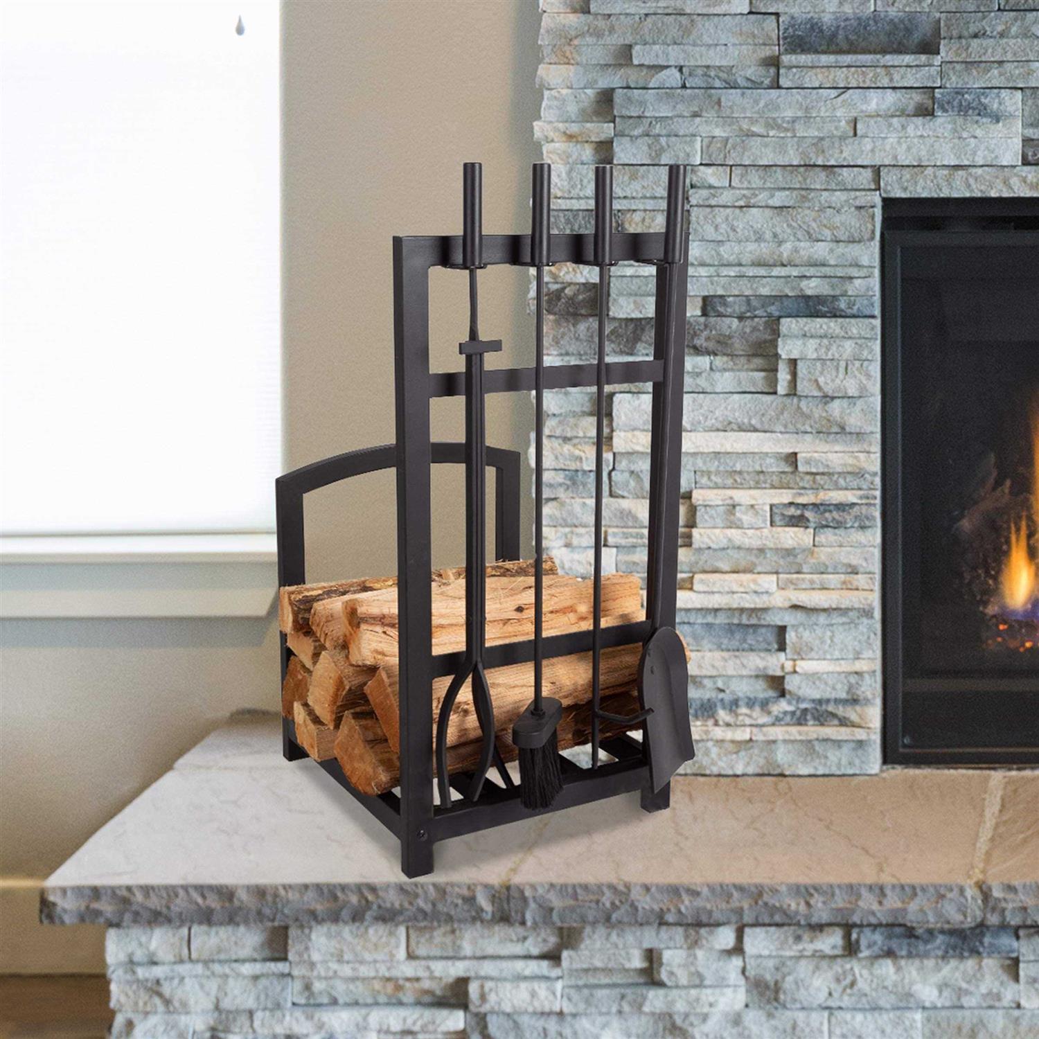 5-Piece Fireplace Tool Set and Log Rack Mission-style Firewood Holder with Shovel, Broom, Tongs, and Poker for Hearth by Lavish Home