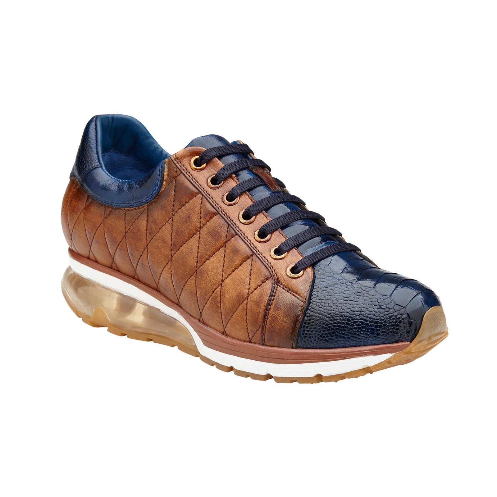 Men’s Belvedere Sacco Ostrich Leg & Quilted Calf Leather Dress Sneaker in Navy & Saddle Tan