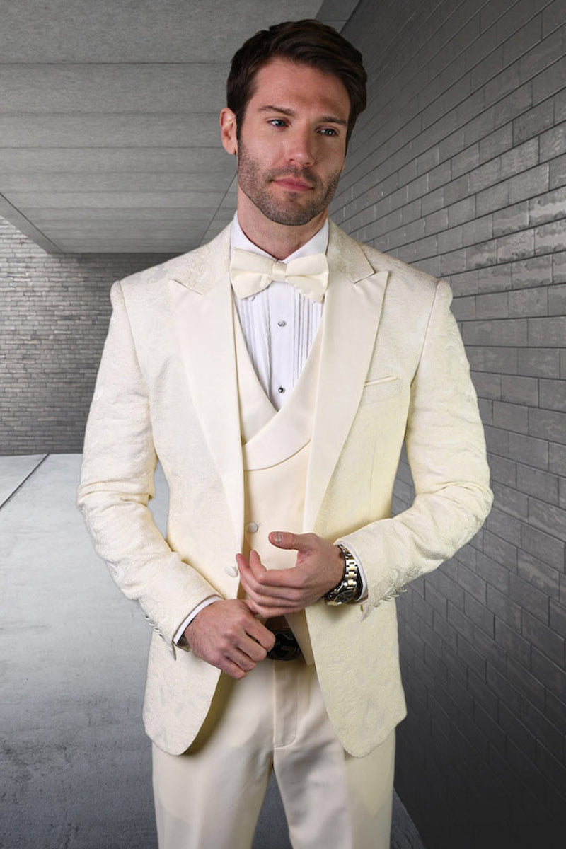 Men’s Designer Vested Tonal Paisley Wedding & Prom Tuxedo in Off White Ivory