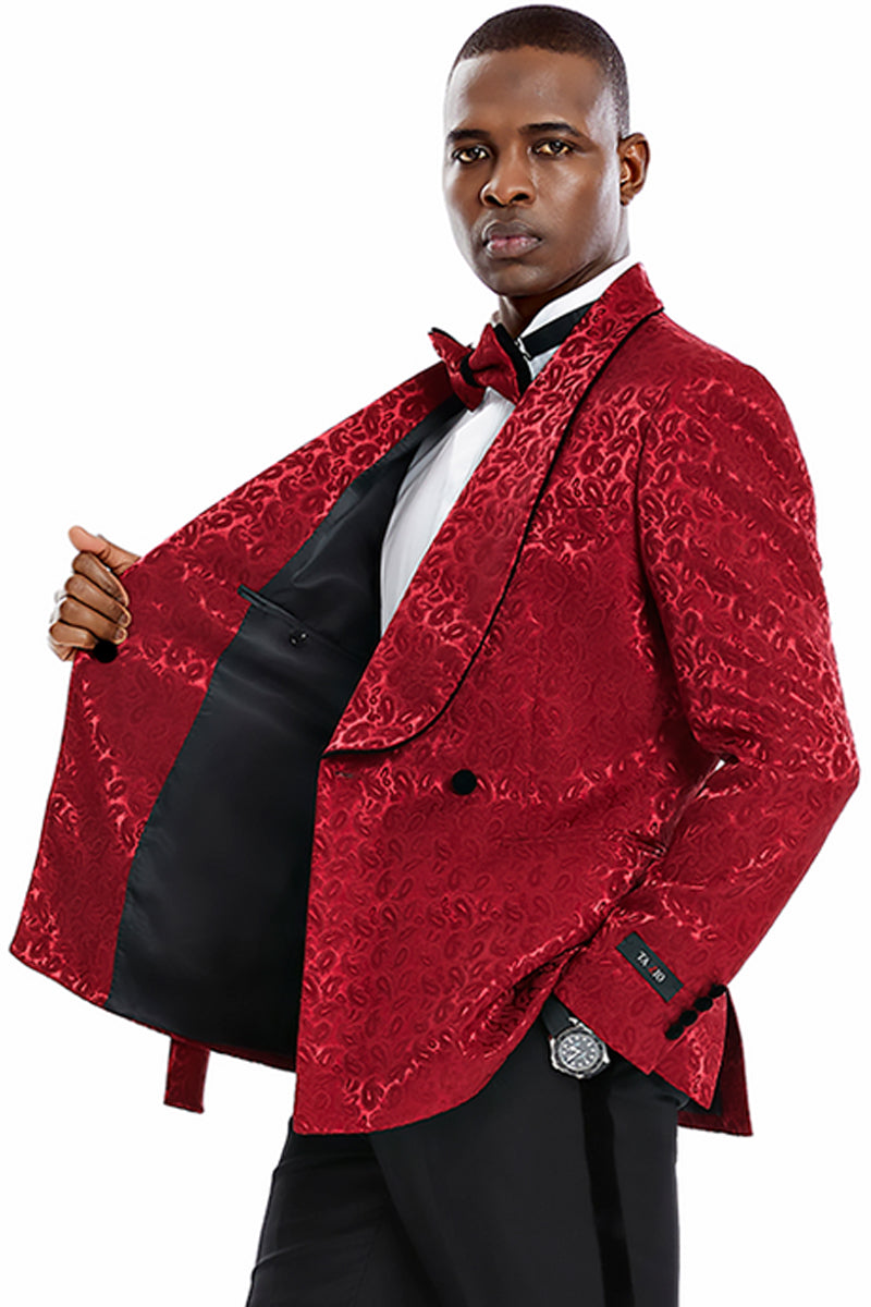 Men’s Slim Fit Double Breasted Smoking Jacket Prom & Wedding Tuxedo in Burgundy Paisley