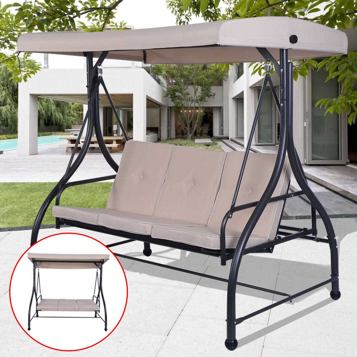 Costway Converting Outdoor Swing Canopy Hammock 3 SEATS Patio Deck
