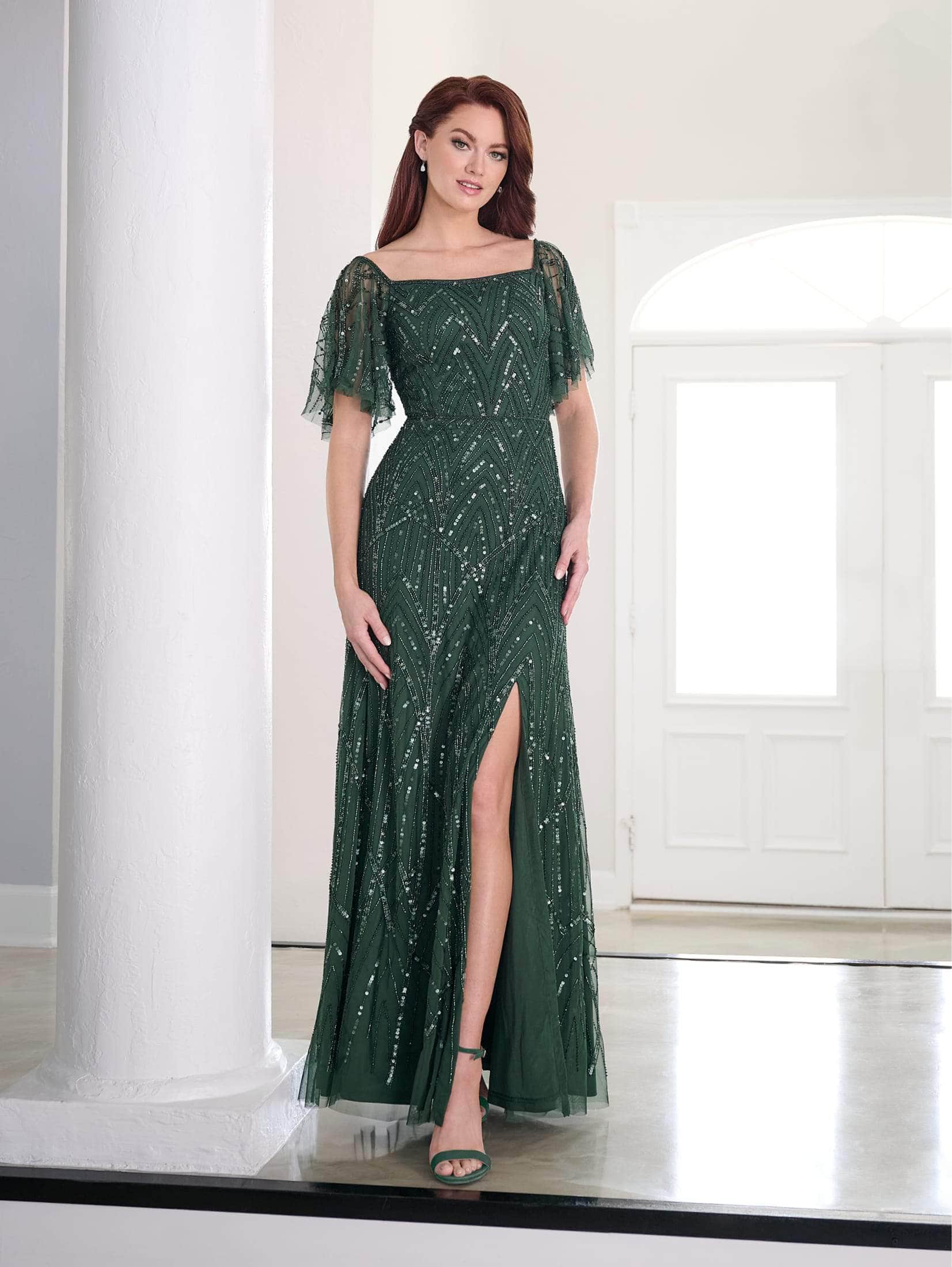 Sequined Short Sleeve Long Dress