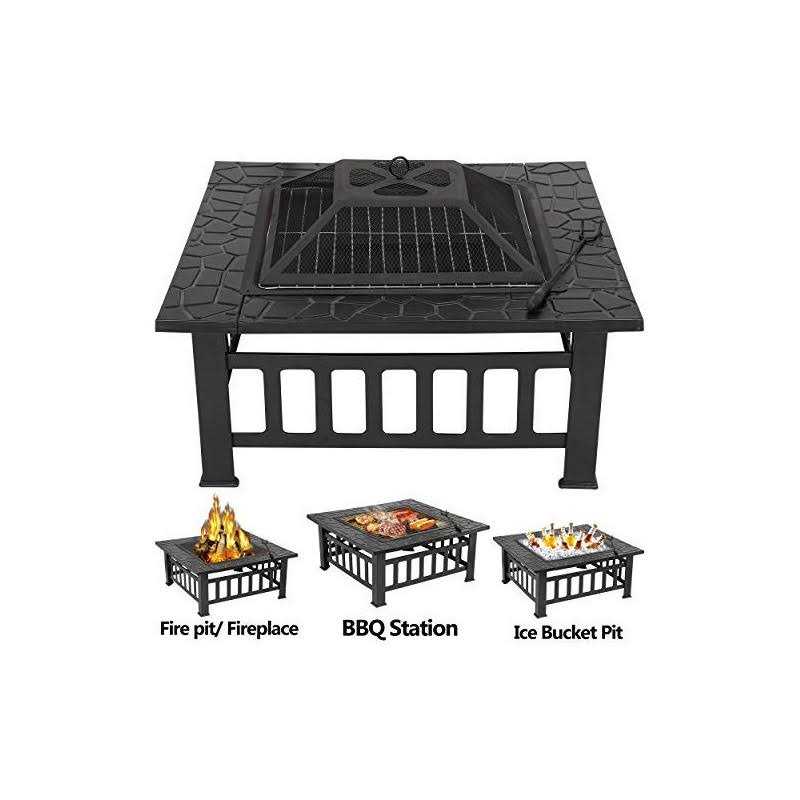 Lemy 32 inch Outdoor Fire Pit Square Metal Firepit Backyard Patio Garden Stove Wood Burning Fire Pit W/rain Cover