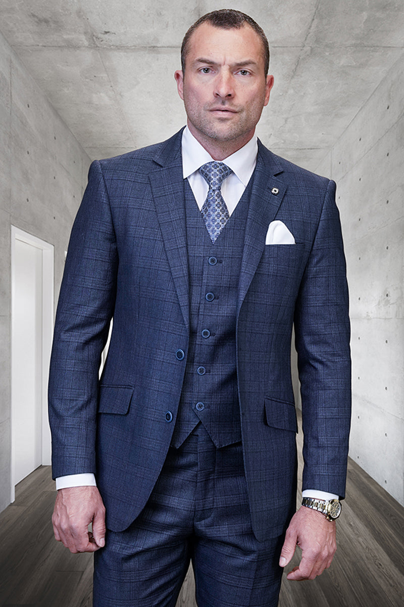 Men’s Designer Two Button Vested Wool Suit in Indigo Blue Plaid