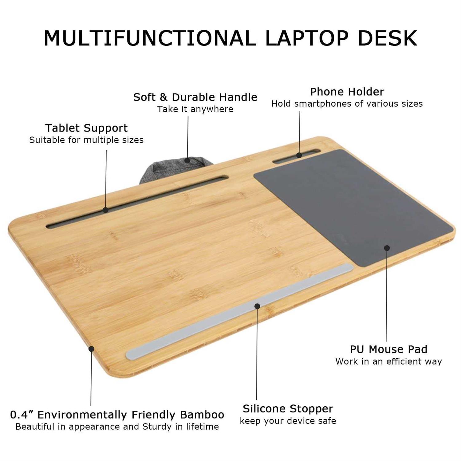 SUMISKY Laptop Lap Desk with Cushion Protable Laptop Desk with Handle Phone Holder and Bamboo Laptop Stand