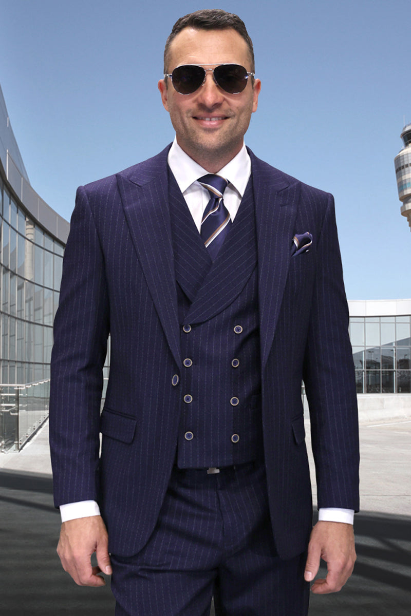 Men’s Designer Vested Wool One Button Peak Lapel Suit in Navy Blue Pinstripe