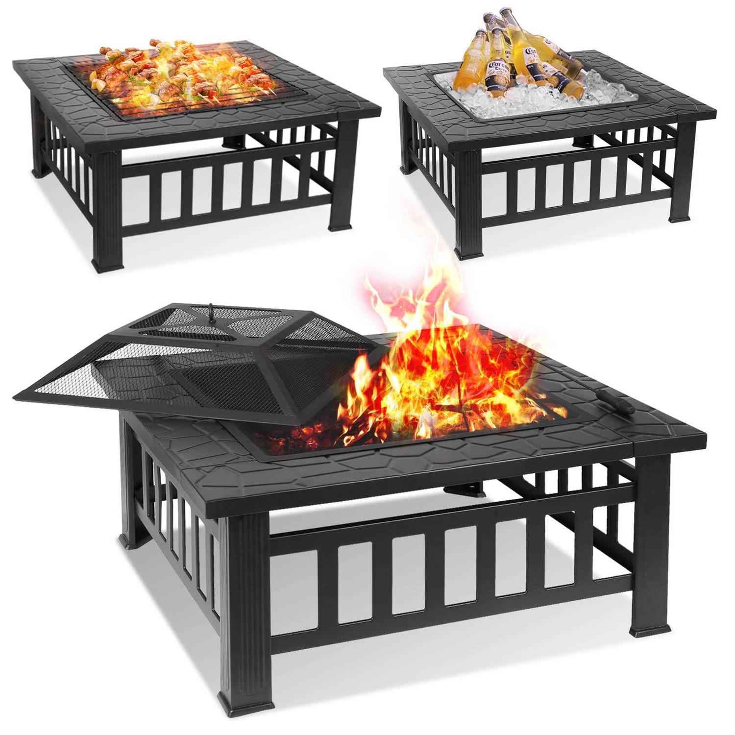 Lazy Buddy Steel Fire Pits for Outside 32&” Square Wood Burning Fire Pit Table